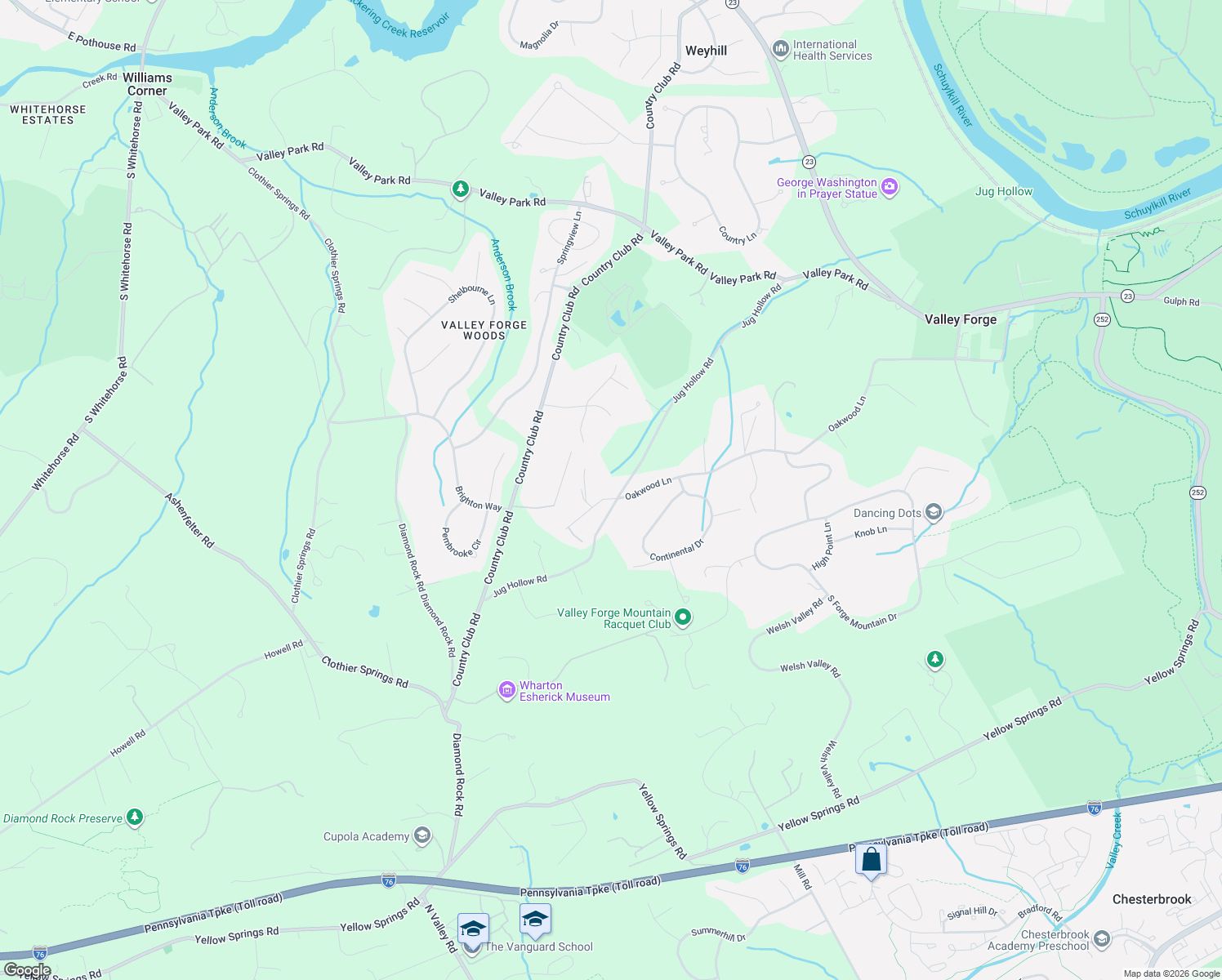 map of restaurants, bars, coffee shops, grocery stores, and more near 165 Jug Hollow Road in Phoenixville