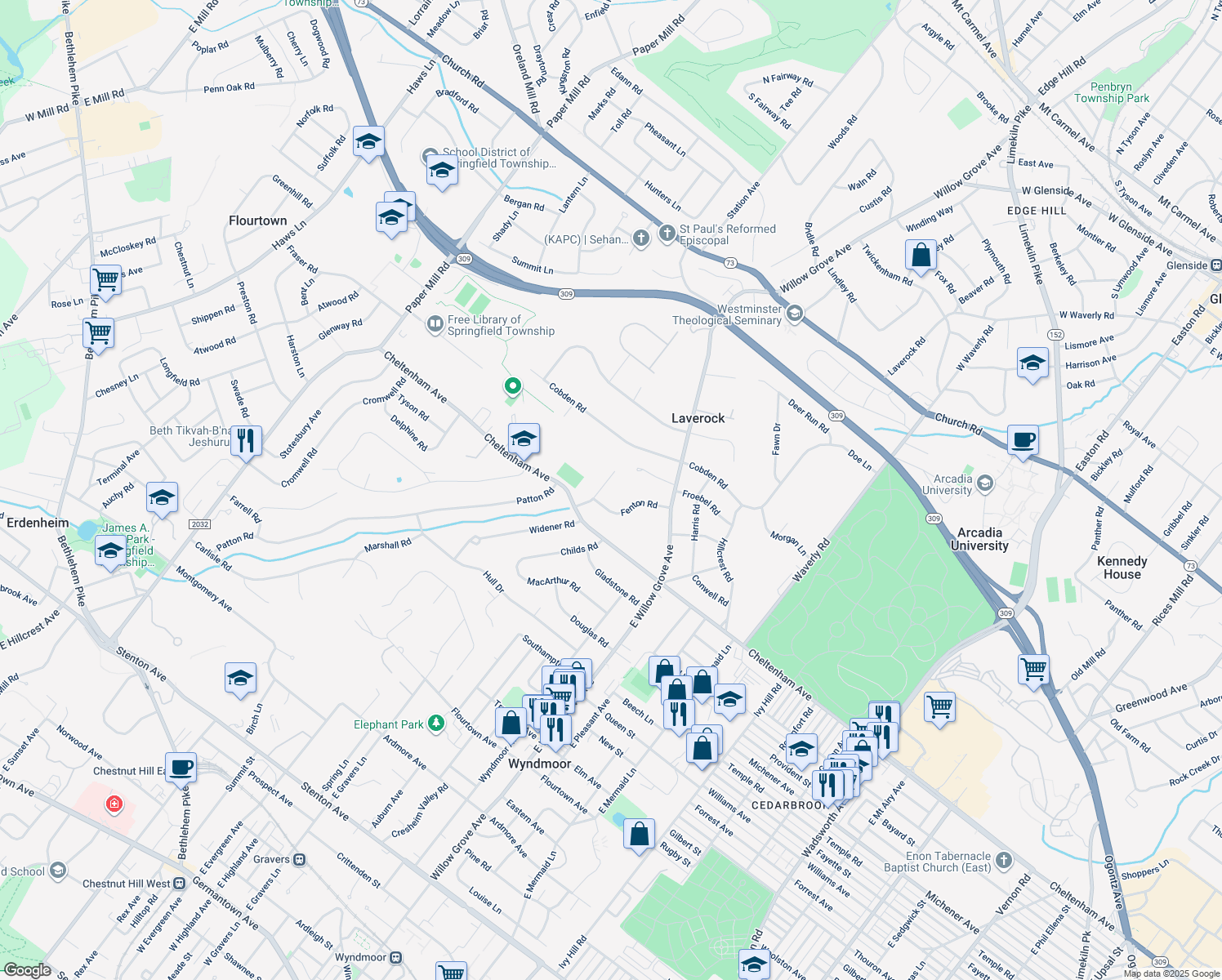 map of restaurants, bars, coffee shops, grocery stores, and more near 1624 Chattin Road in Laverock
