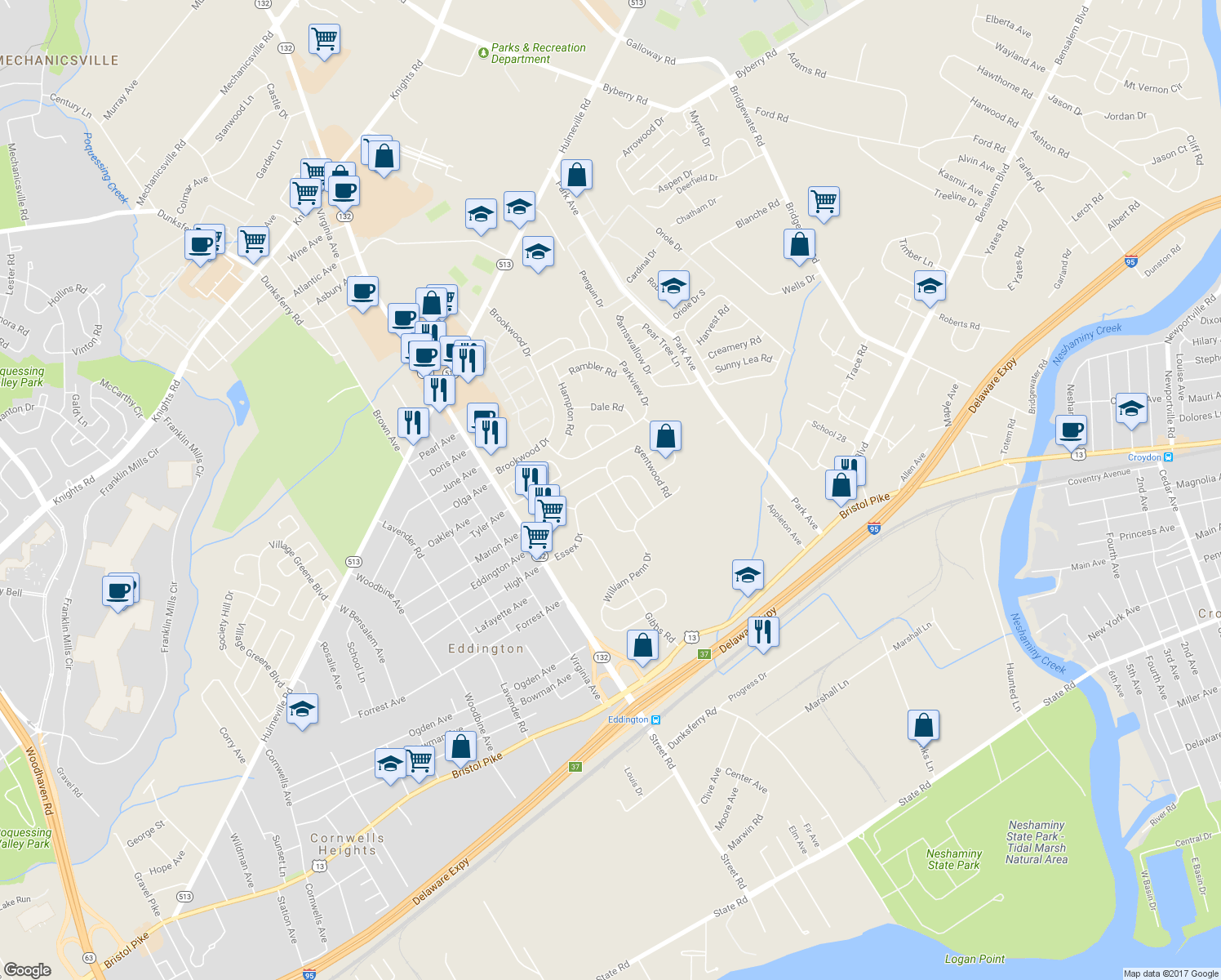 map of restaurants, bars, coffee shops, grocery stores, and more near 1040 Essex Drive in Bensalem