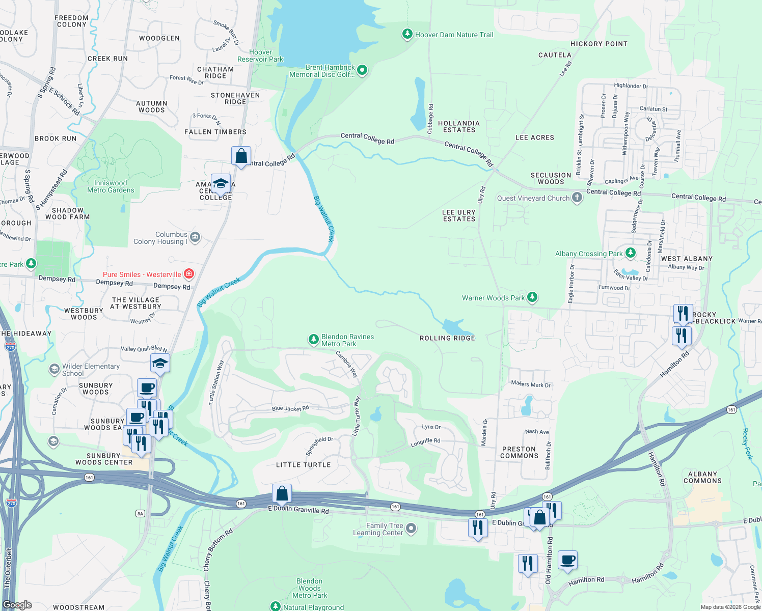 map of restaurants, bars, coffee shops, grocery stores, and more near 4444 Ravine Drive in Westerville
