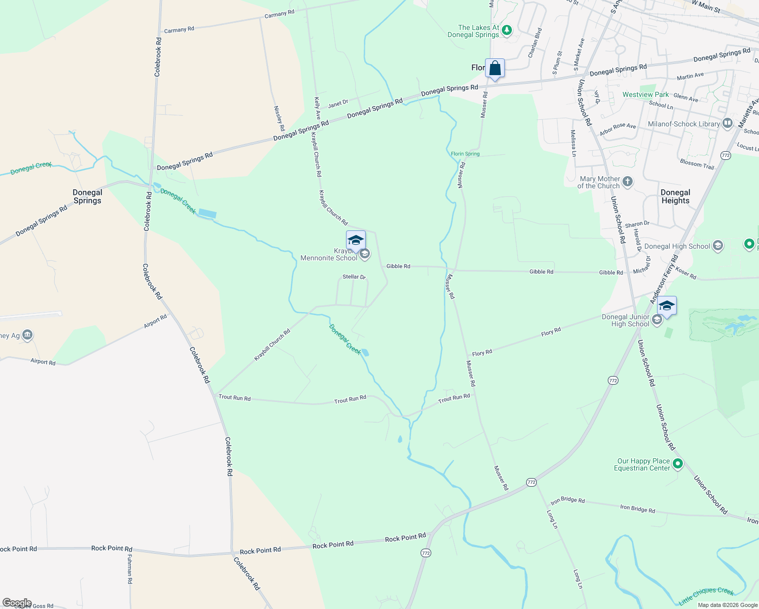 map of restaurants, bars, coffee shops, grocery stores, and more near 635 Kraybill Church Road in Mount Joy