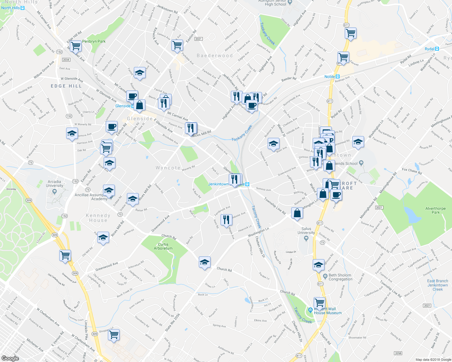 map of restaurants, bars, coffee shops, grocery stores, and more near 119 Woodland Road in Wyncote