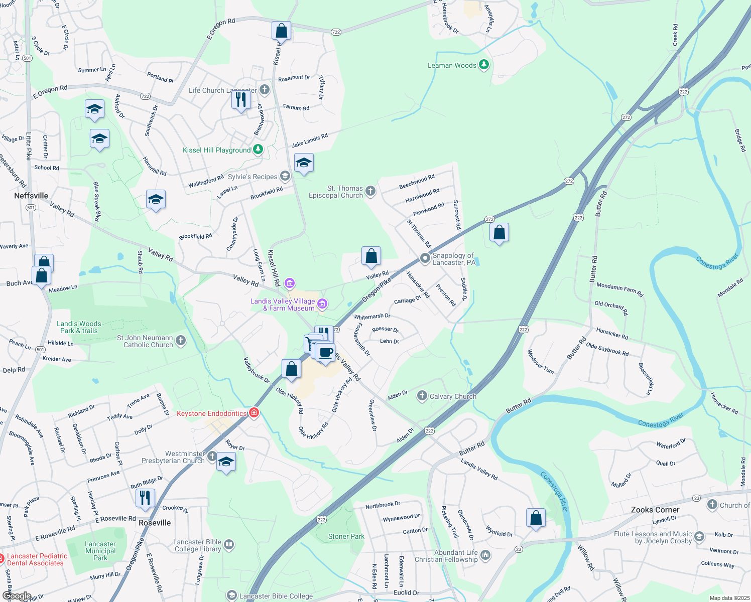 map of restaurants, bars, coffee shops, grocery stores, and more near 2475 Oregon Pike in Lancaster