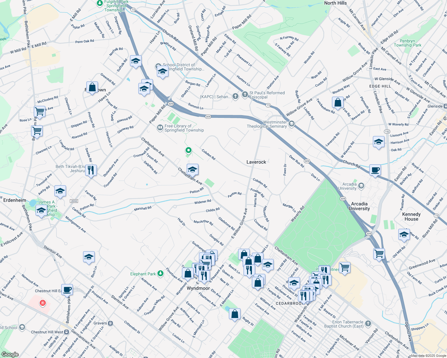 map of restaurants, bars, coffee shops, grocery stores, and more near 1641 Chattin Road in Laverock