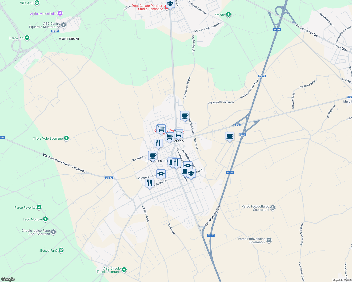 map of restaurants, bars, coffee shops, grocery stores, and more near in Scorrano