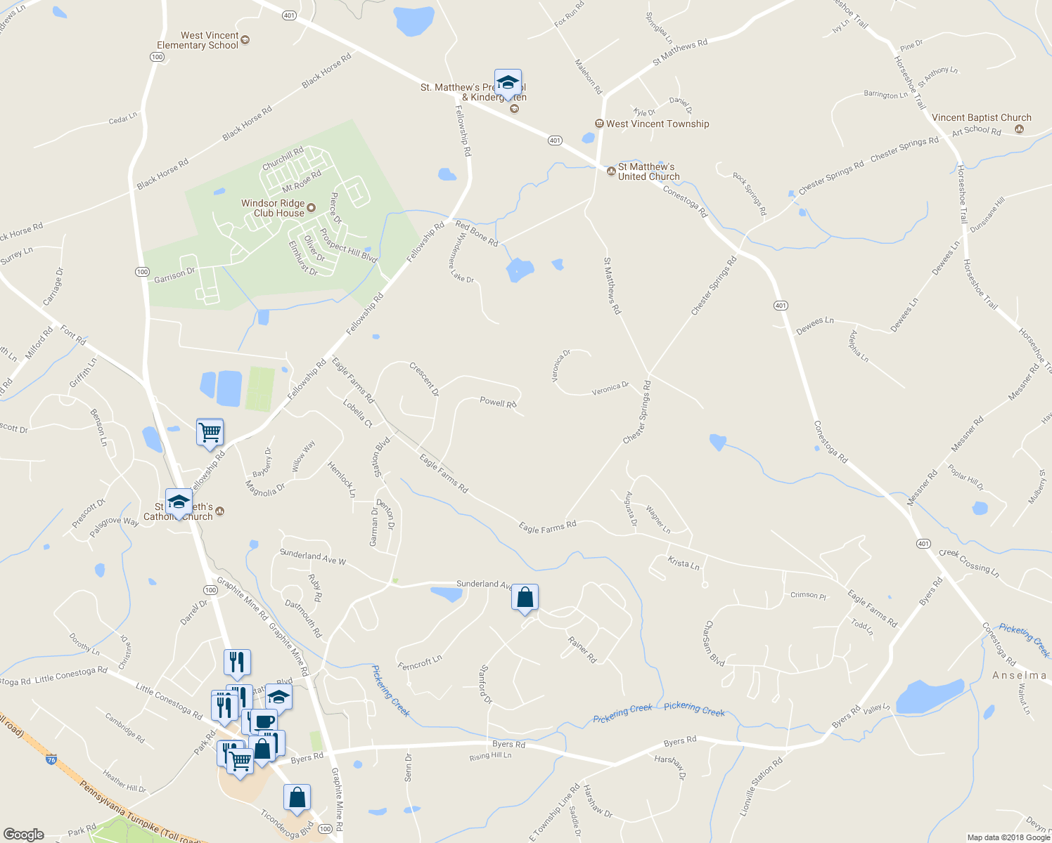 map of restaurants, bars, coffee shops, grocery stores, and more near 4012 Trillium Way in Chester Springs