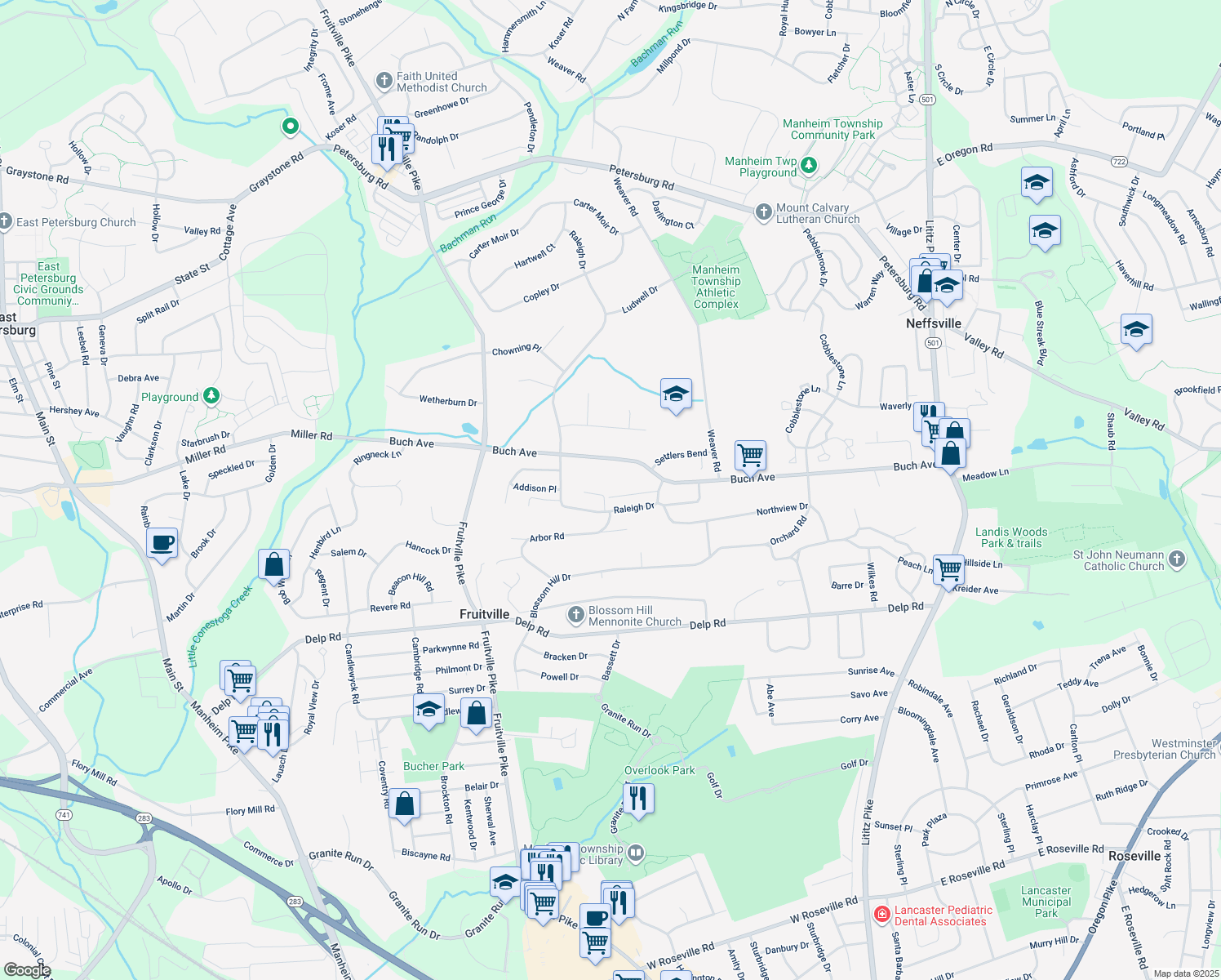 map of restaurants, bars, coffee shops, grocery stores, and more near 2237 Raleigh Drive in Lancaster