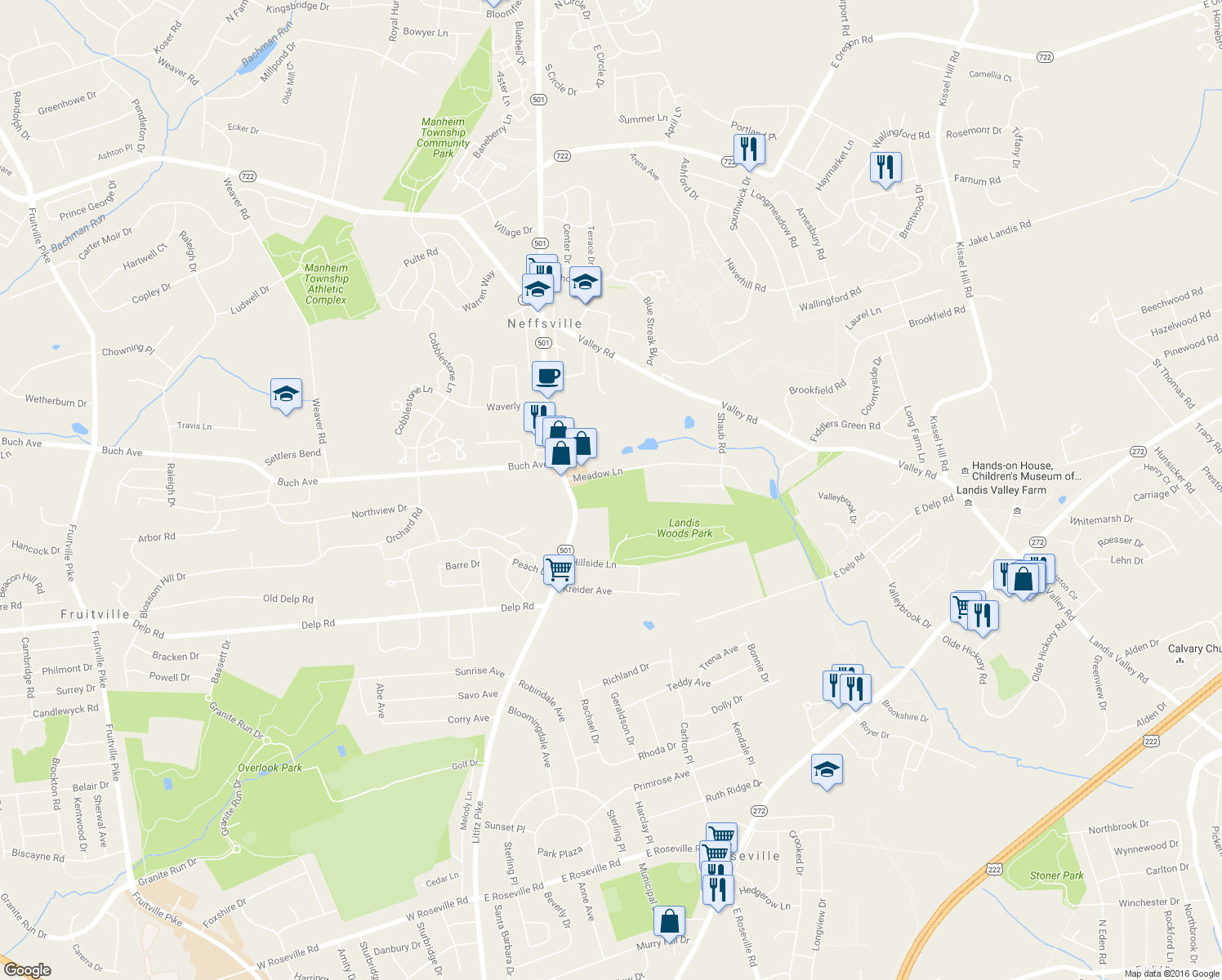 map of restaurants, bars, coffee shops, grocery stores, and more near 2437 Lititz Pike in Lancaster