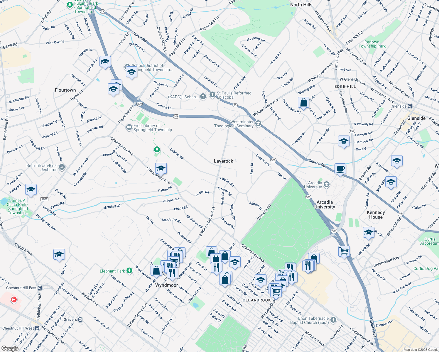 map of restaurants, bars, coffee shops, grocery stores, and more near 1700 East Willow Grove Avenue in Glenside