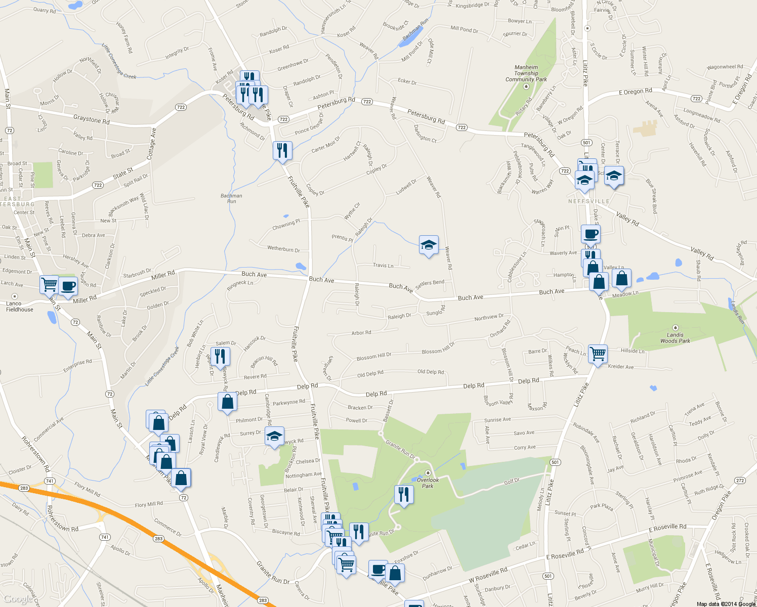 map of restaurants, bars, coffee shops, grocery stores, and more near 2305 Raleigh Dr in Lancaster