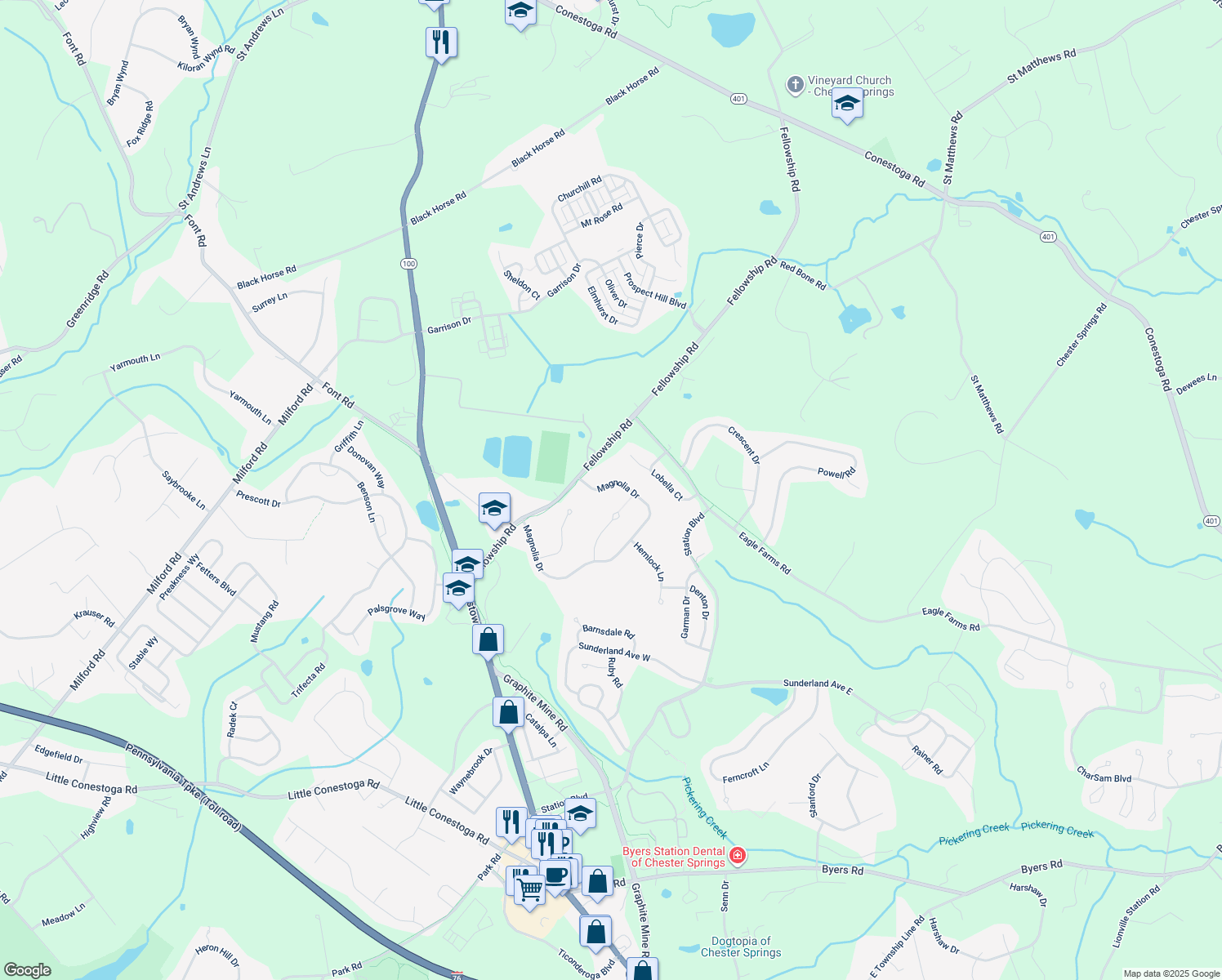 map of restaurants, bars, coffee shops, grocery stores, and more near 181 Magnolia Drive in Chester Springs