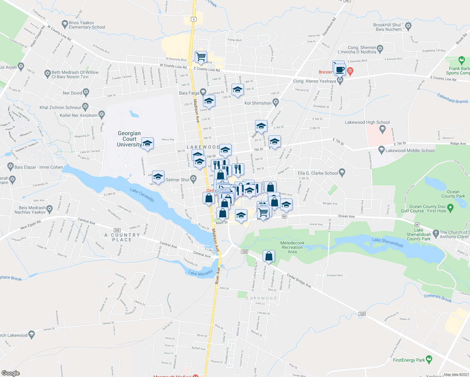 map of restaurants, bars, coffee shops, grocery stores, and more near 231 3rd Street in Lakewood Township