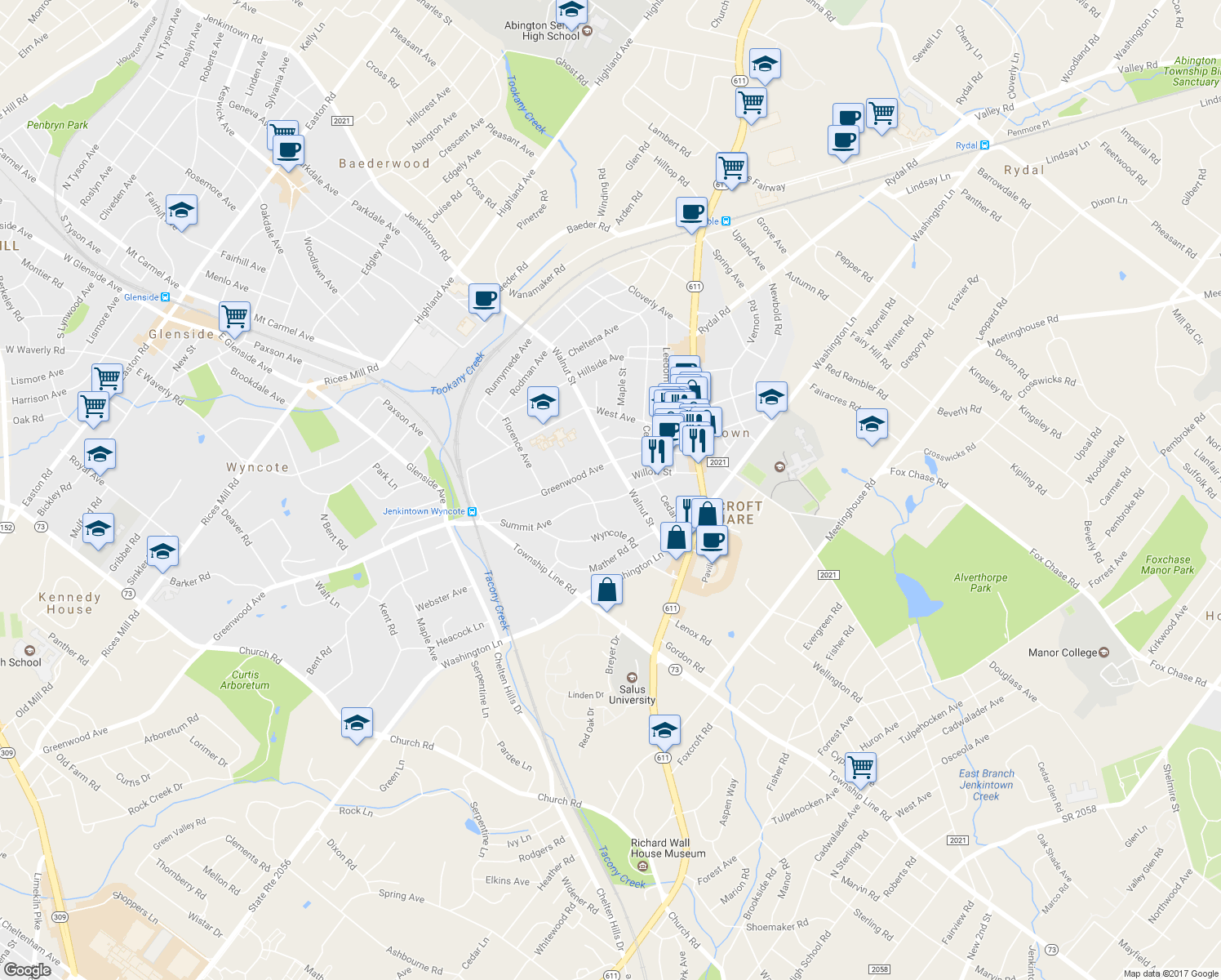 map of restaurants, bars, coffee shops, grocery stores, and more near 319 Summit Avenue in Jenkintown