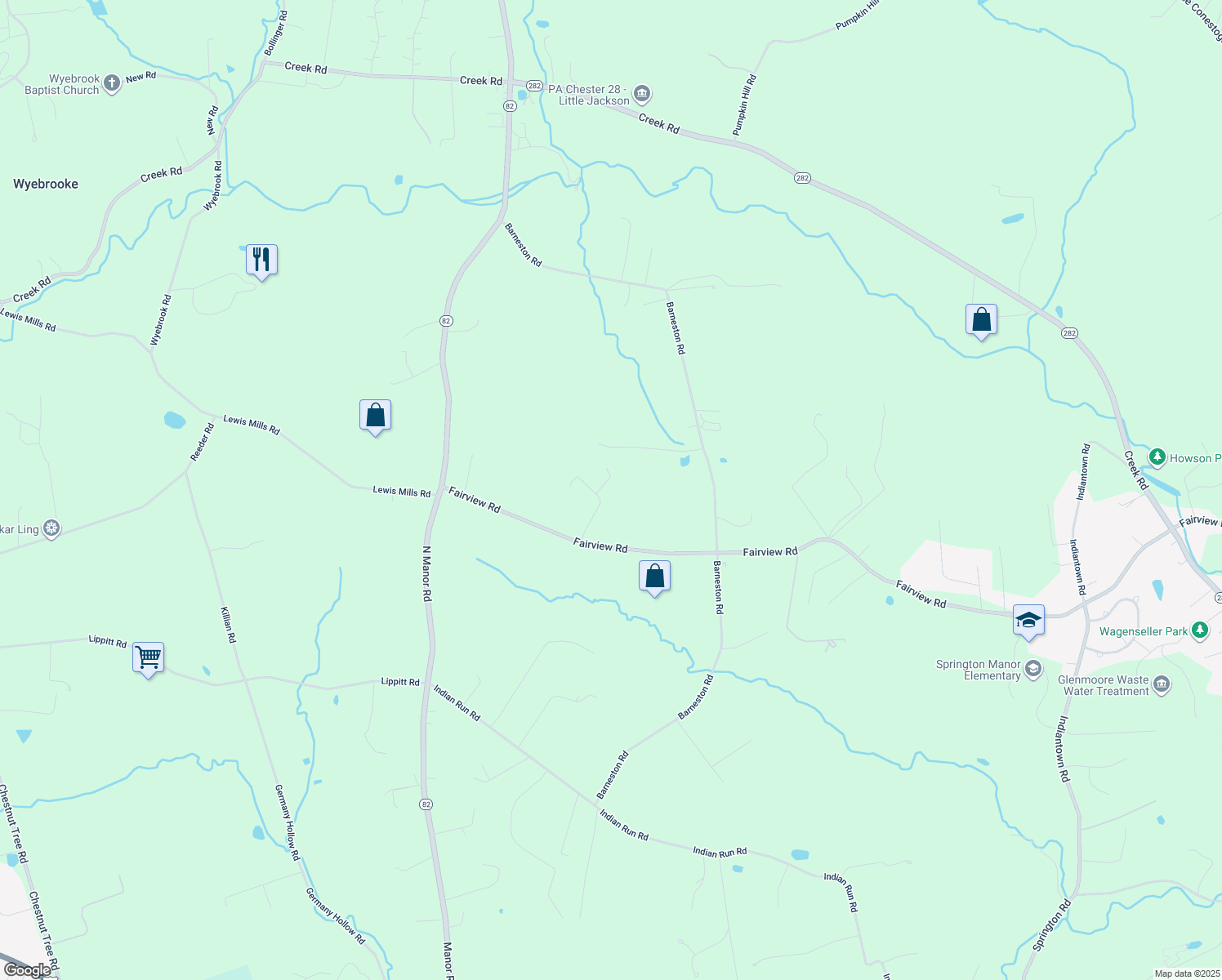 map of restaurants, bars, coffee shops, grocery stores, and more near 30 Longview Drive in Glenmoore