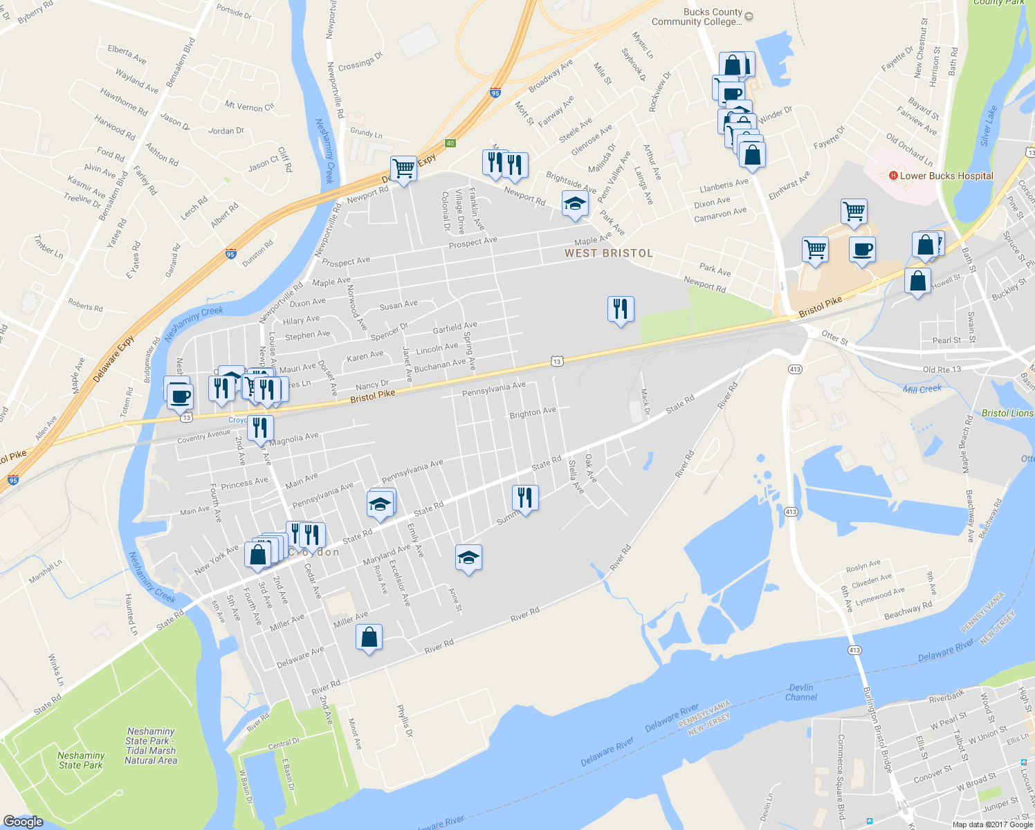 map of restaurants, bars, coffee shops, grocery stores, and more near 2210 Brighton Avenue in Croydon