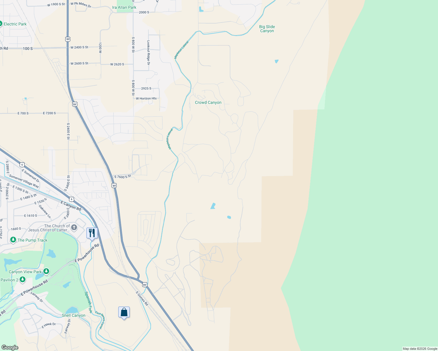 map of restaurants, bars, coffee shops, grocery stores, and more near 318 South Mapleton Estates Drive in Mapleton