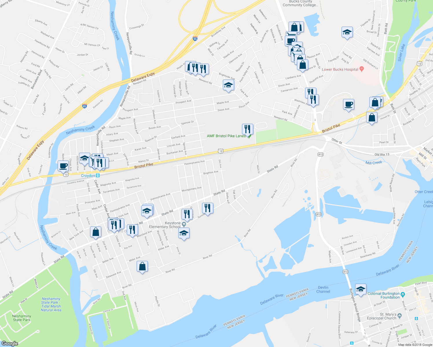 map of restaurants, bars, coffee shops, grocery stores, and more near 403 Girard Avenue in Croydon