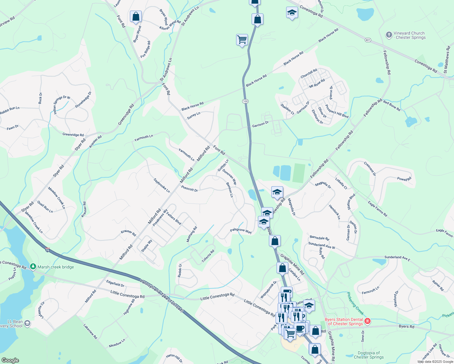 map of restaurants, bars, coffee shops, grocery stores, and more near 604 Benson Lane in Chester Springs