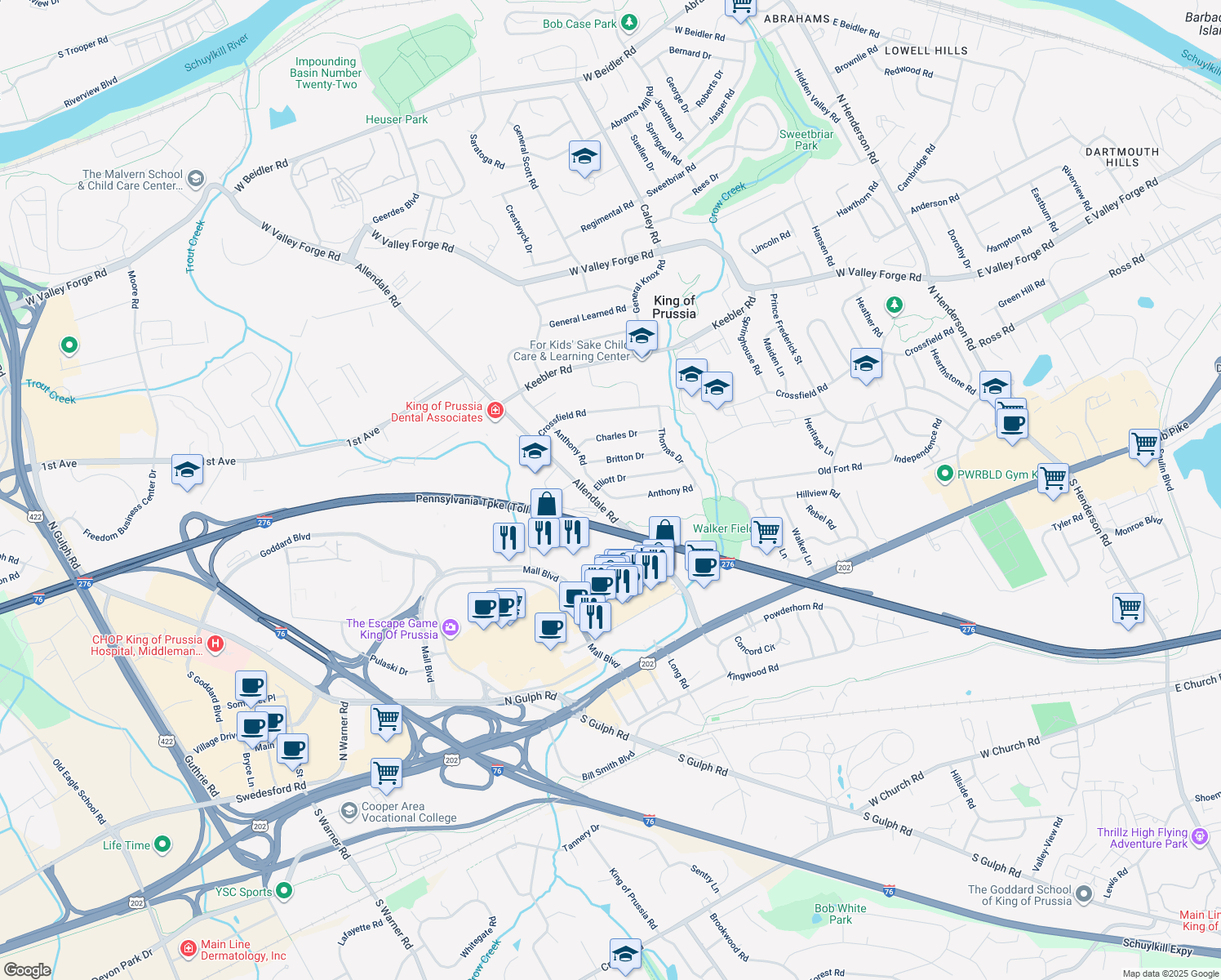 map of restaurants, bars, coffee shops, grocery stores, and more near 305 Anthony Road in King of Prussia
