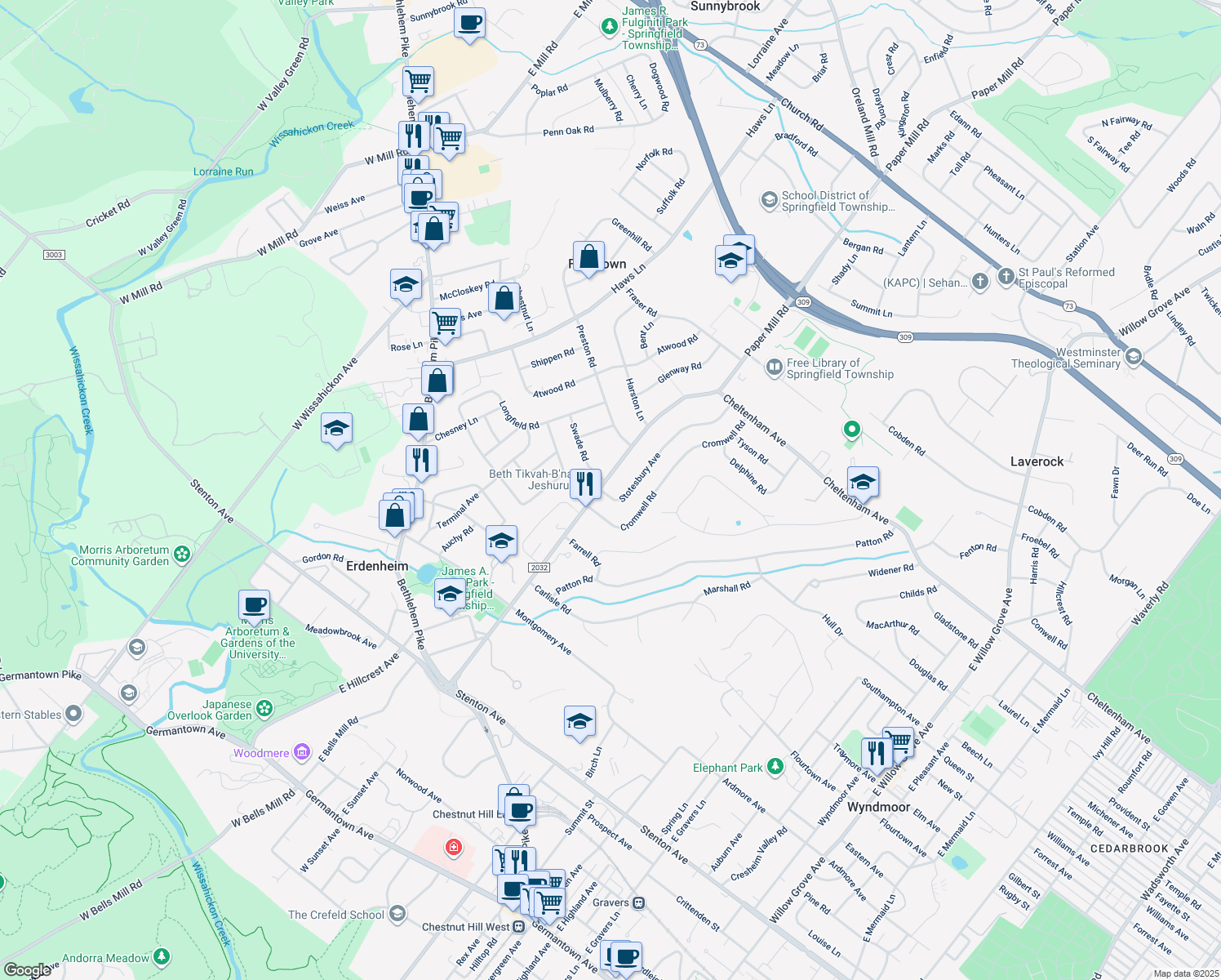 map of restaurants, bars, coffee shops, grocery stores, and more near 1101 Stotesbury Avenue in Wyndmoor