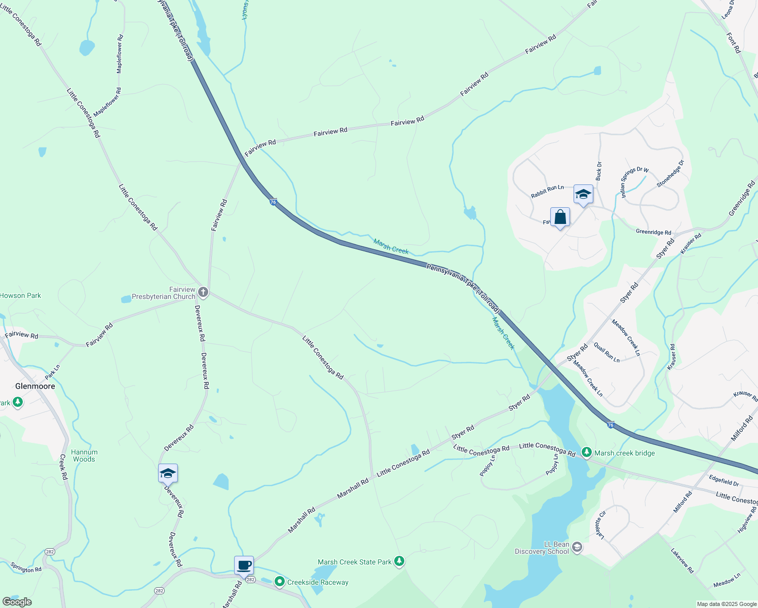 map of restaurants, bars, coffee shops, grocery stores, and more near 76 Walnut Bank Road in Glenmoore