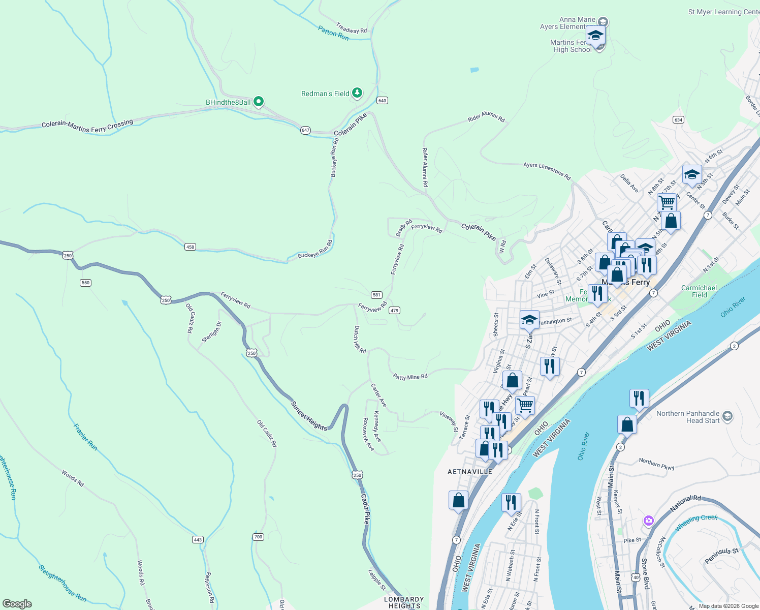 map of restaurants, bars, coffee shops, grocery stores, and more near 57384 Westlawn Avenue in Martins Ferry