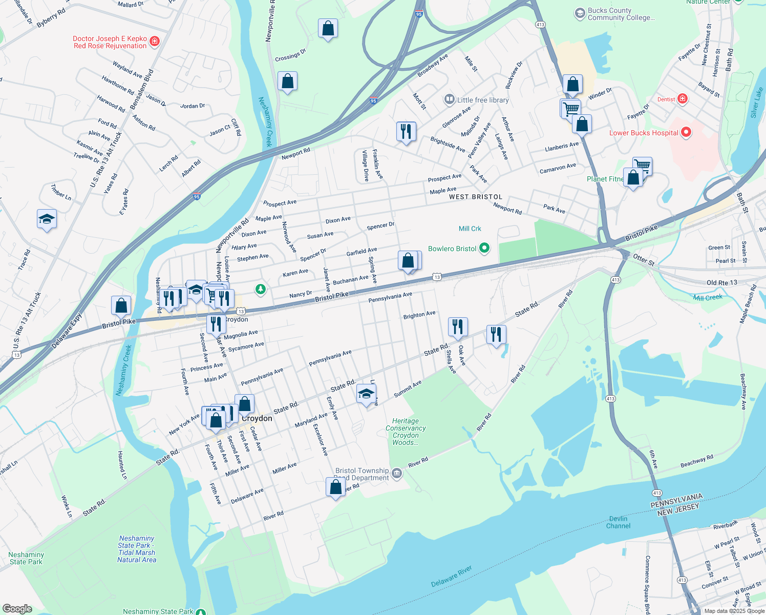map of restaurants, bars, coffee shops, grocery stores, and more near 210 Harris Avenue in Croydon