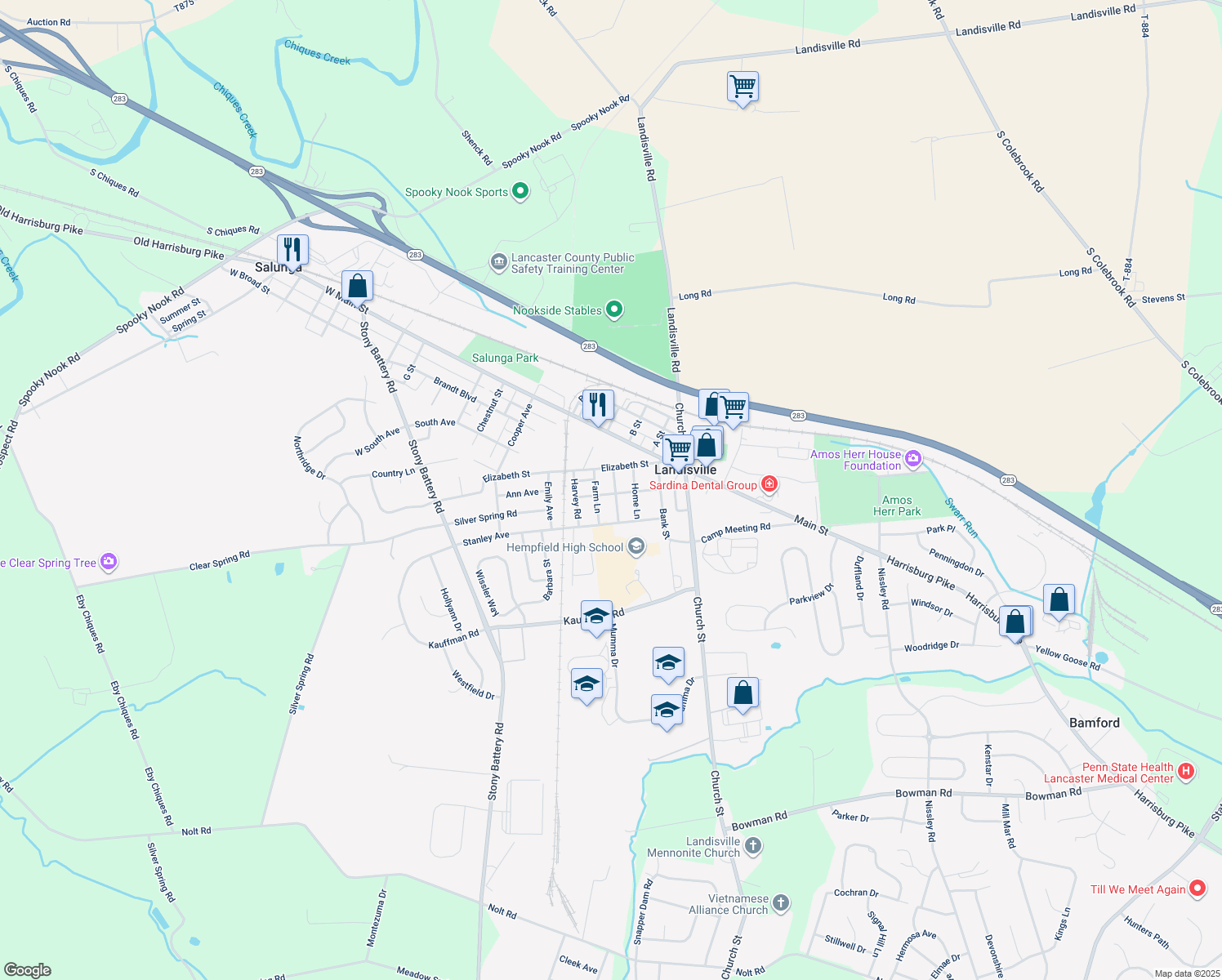 map of restaurants, bars, coffee shops, grocery stores, and more near 219 Hempfield Avenue in Landisville