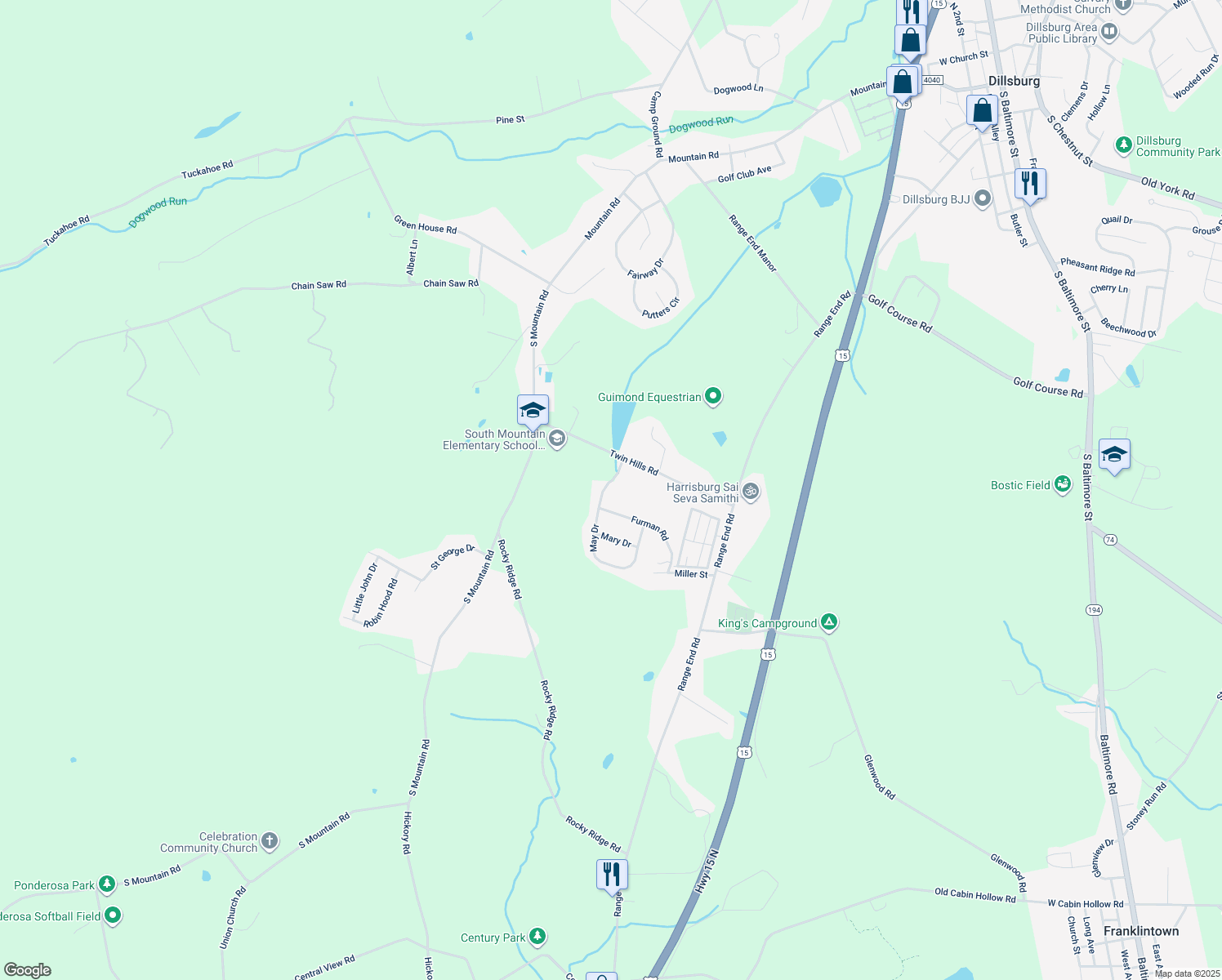 map of restaurants, bars, coffee shops, grocery stores, and more near 11 May Drive in Dillsburg