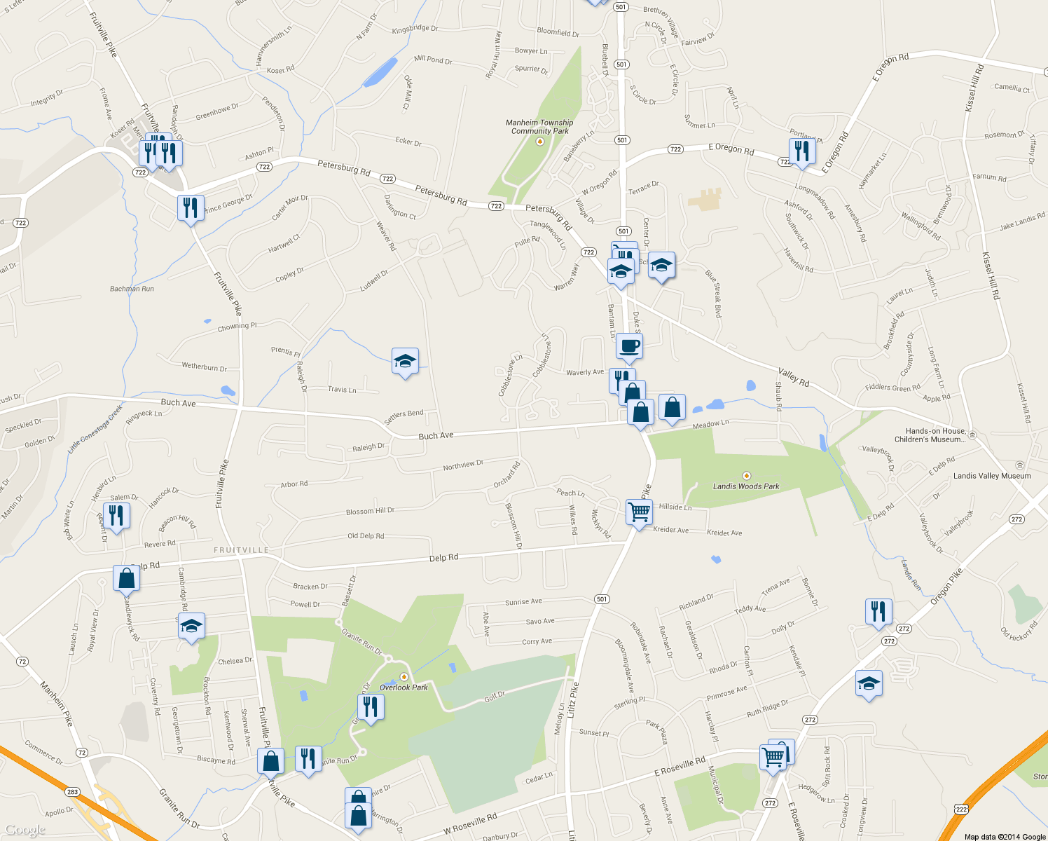 map of restaurants, bars, coffee shops, grocery stores, and more near 123 Cobblestone Lane in Lancaster