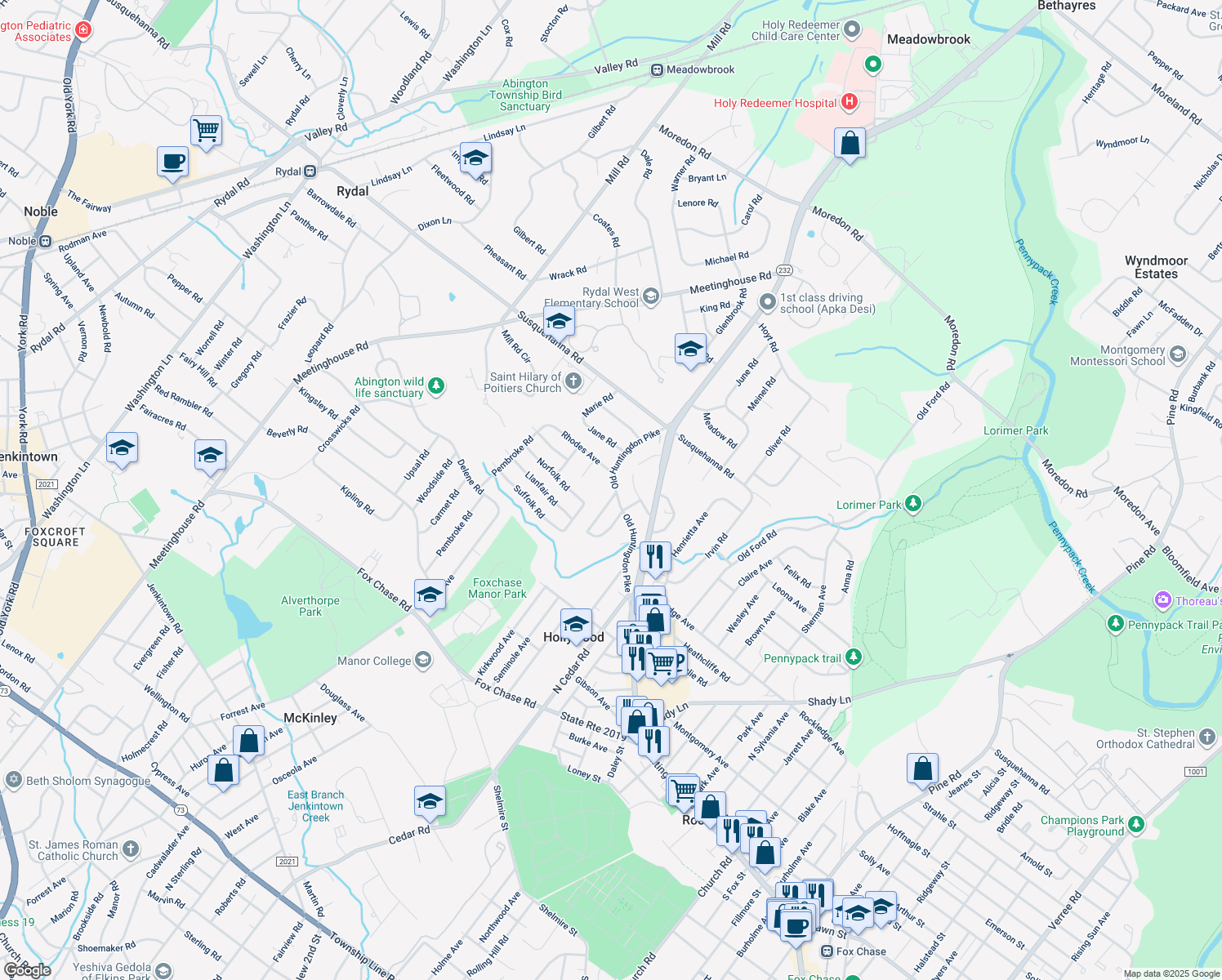 map of restaurants, bars, coffee shops, grocery stores, and more near 976 Old Huntingdon Pike in Huntingdon Valley