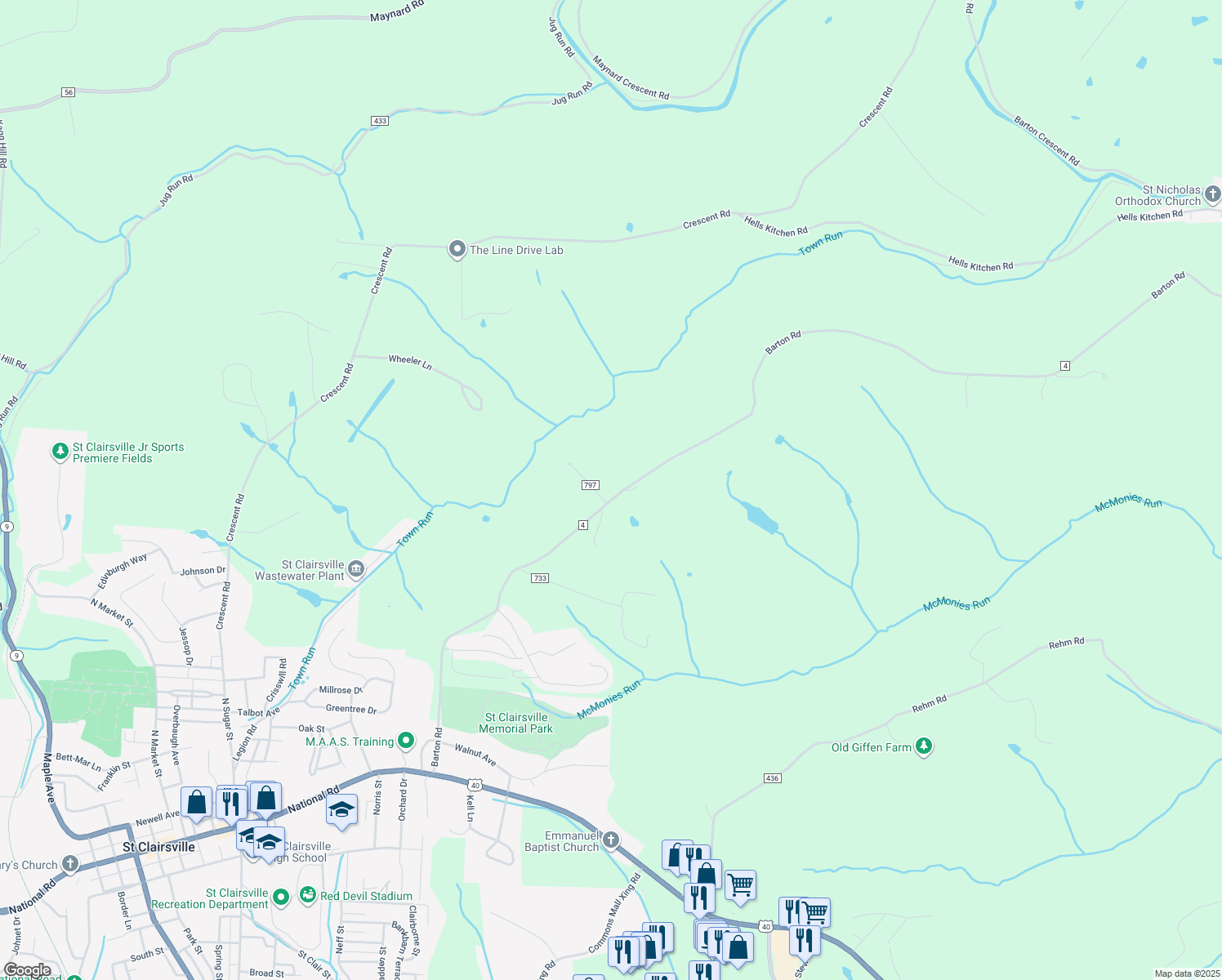 map of restaurants, bars, coffee shops, grocery stores, and more near 69635 Oxford Drive in Saint Clairsville
