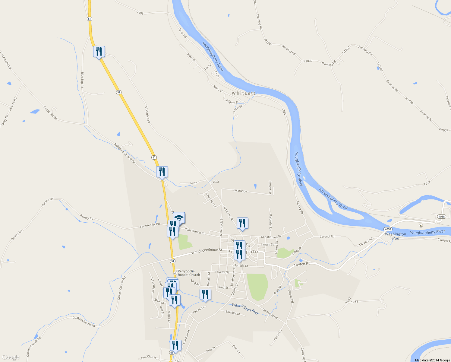 map of restaurants, bars, coffee shops, grocery stores, and more near 111 Swartz Lane in Perryopolis