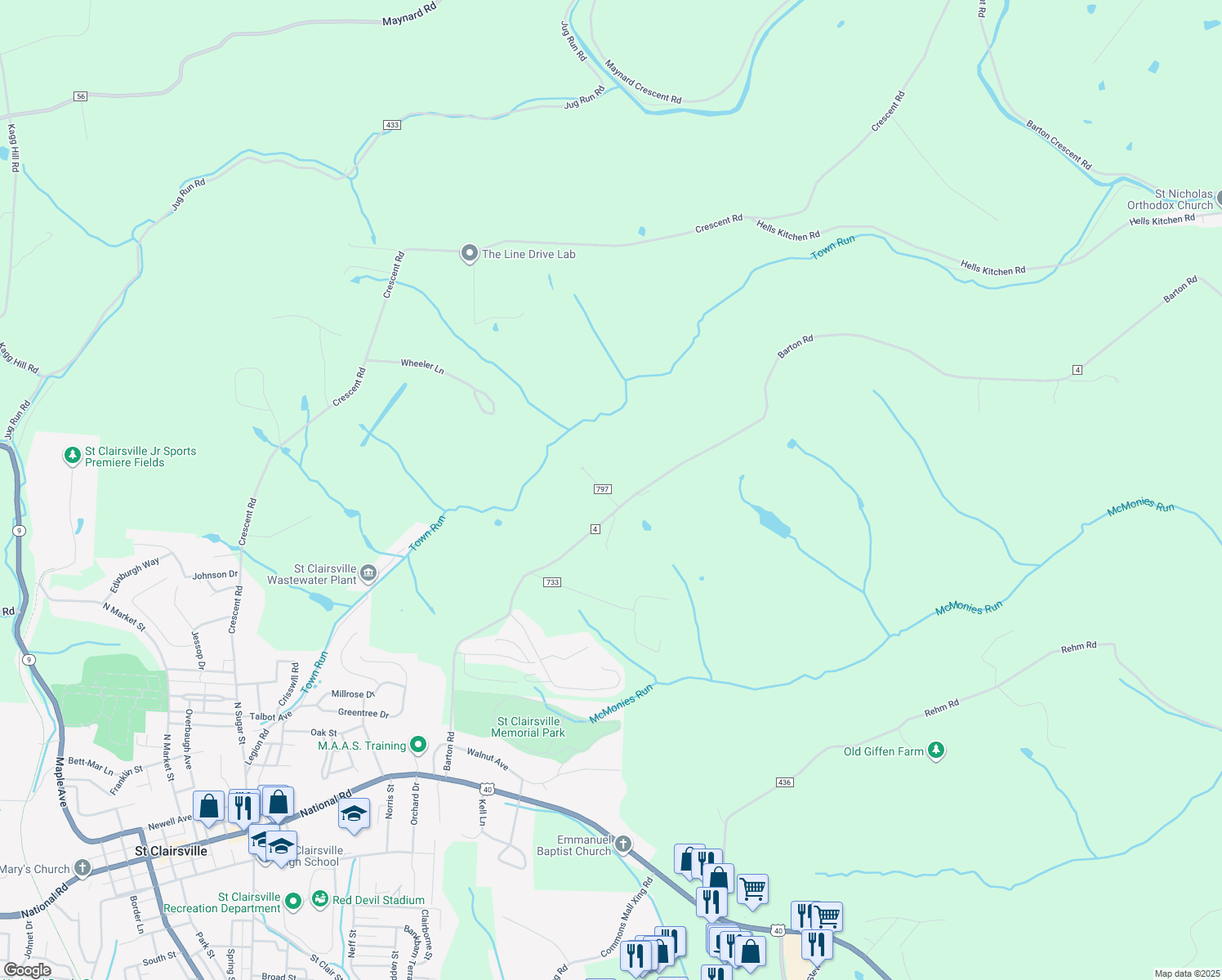 map of restaurants, bars, coffee shops, grocery stores, and more near 69635 Oxford Drive in Saint Clairsville