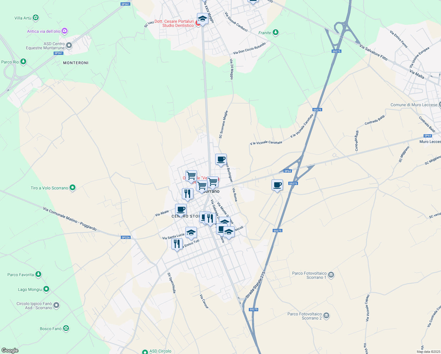 map of restaurants, bars, coffee shops, grocery stores, and more near 22 Via Tripoli in Scorrano