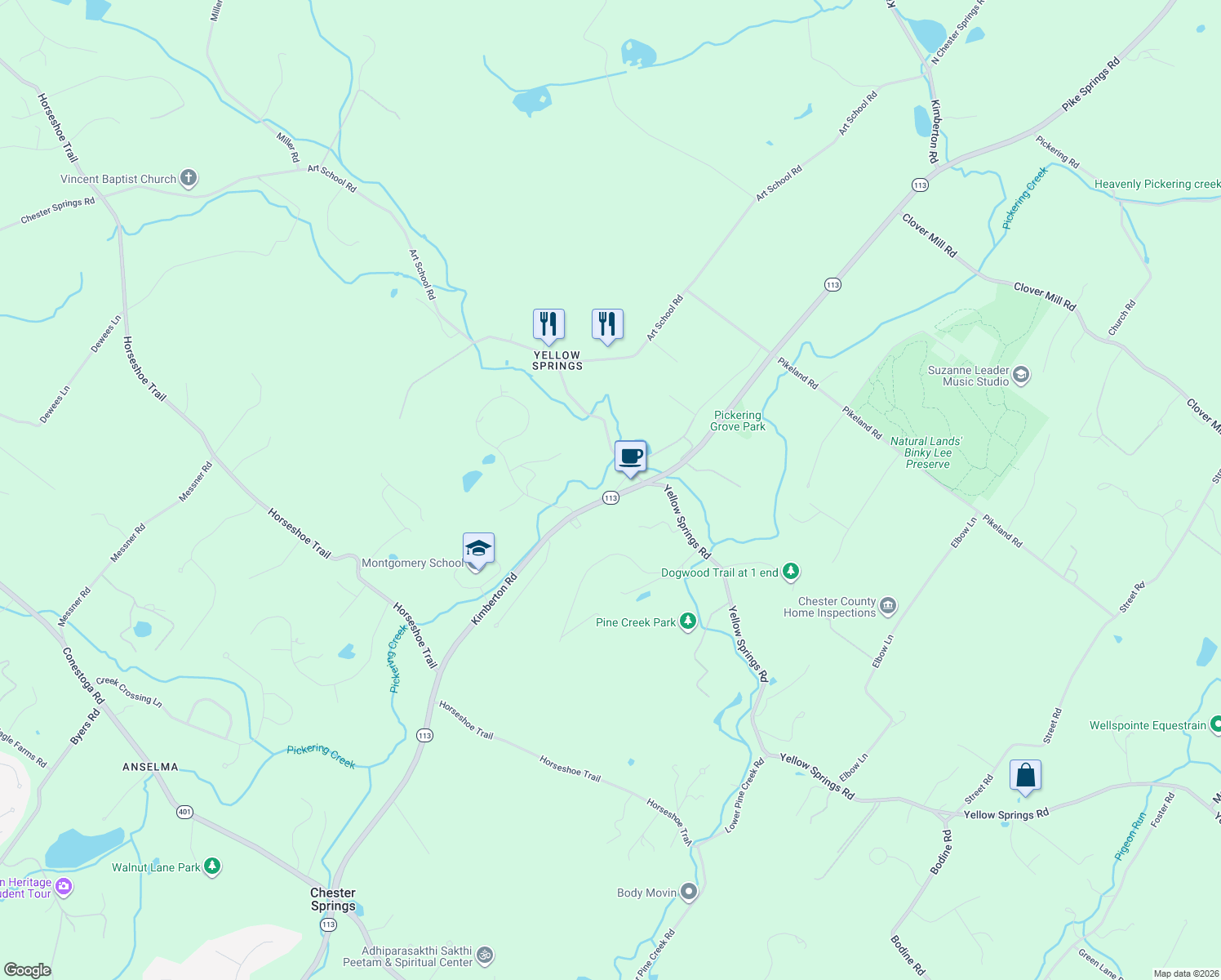 map of restaurants, bars, coffee shops, grocery stores, and more near 1255 Kimberton Rd in Chester Springs