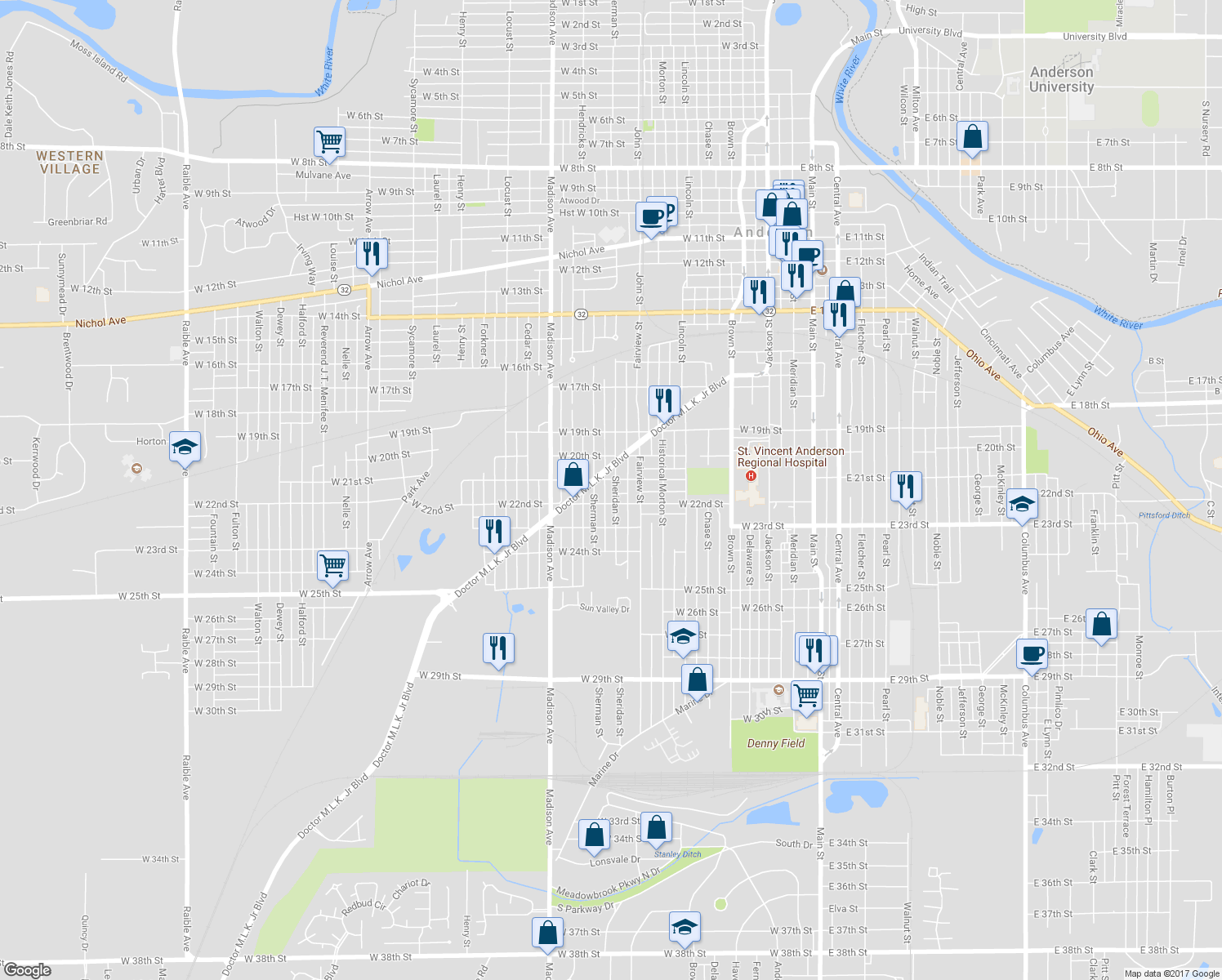 map of restaurants, bars, coffee shops, grocery stores, and more near 2111 Sheridan Street in Anderson