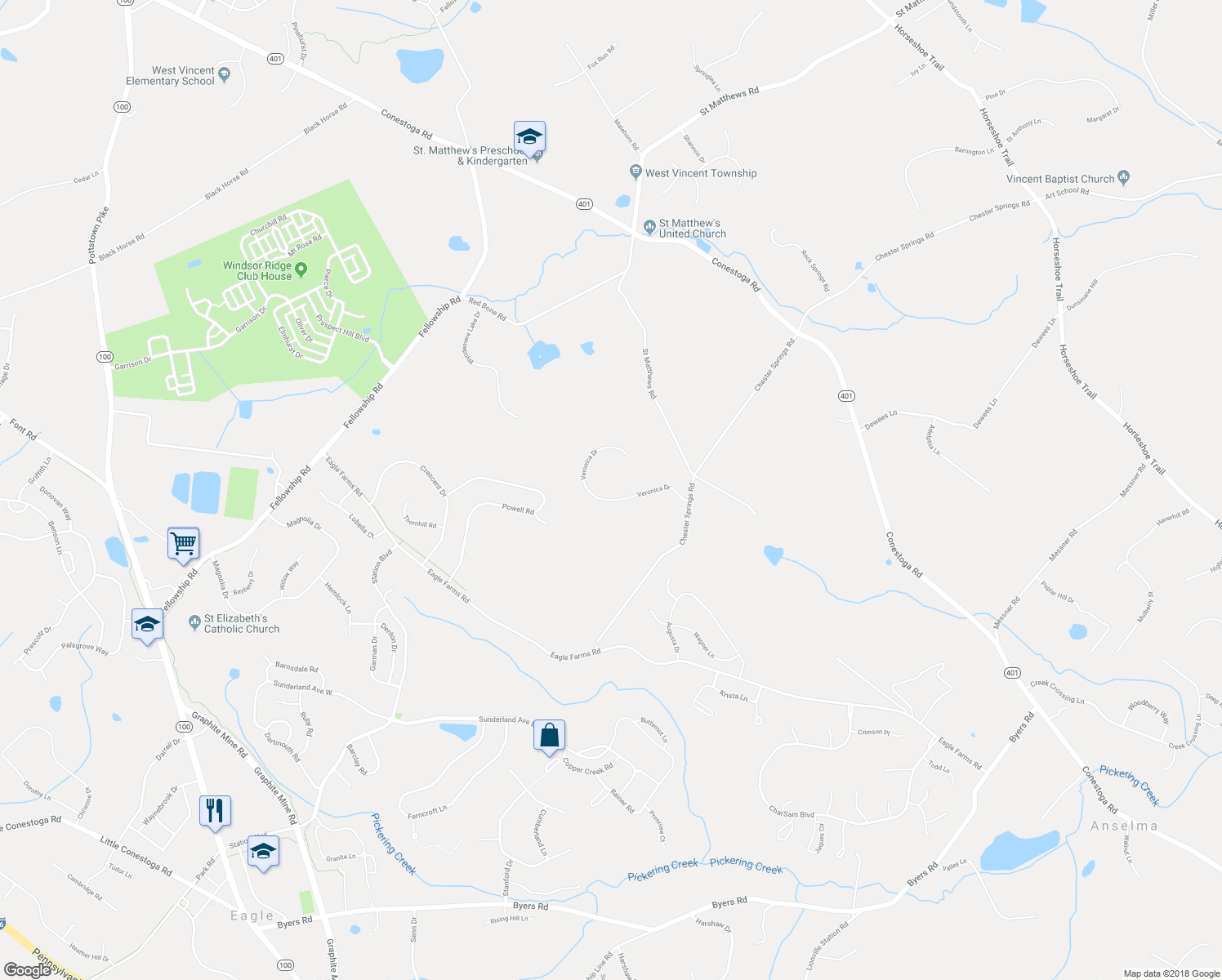 map of restaurants, bars, coffee shops, grocery stores, and more near 2560 Veronica Drive in Chester Springs