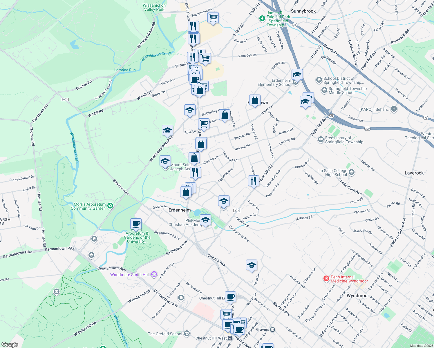 map of restaurants, bars, coffee shops, grocery stores, and more near 807 Glendalough Road in Erdenheim