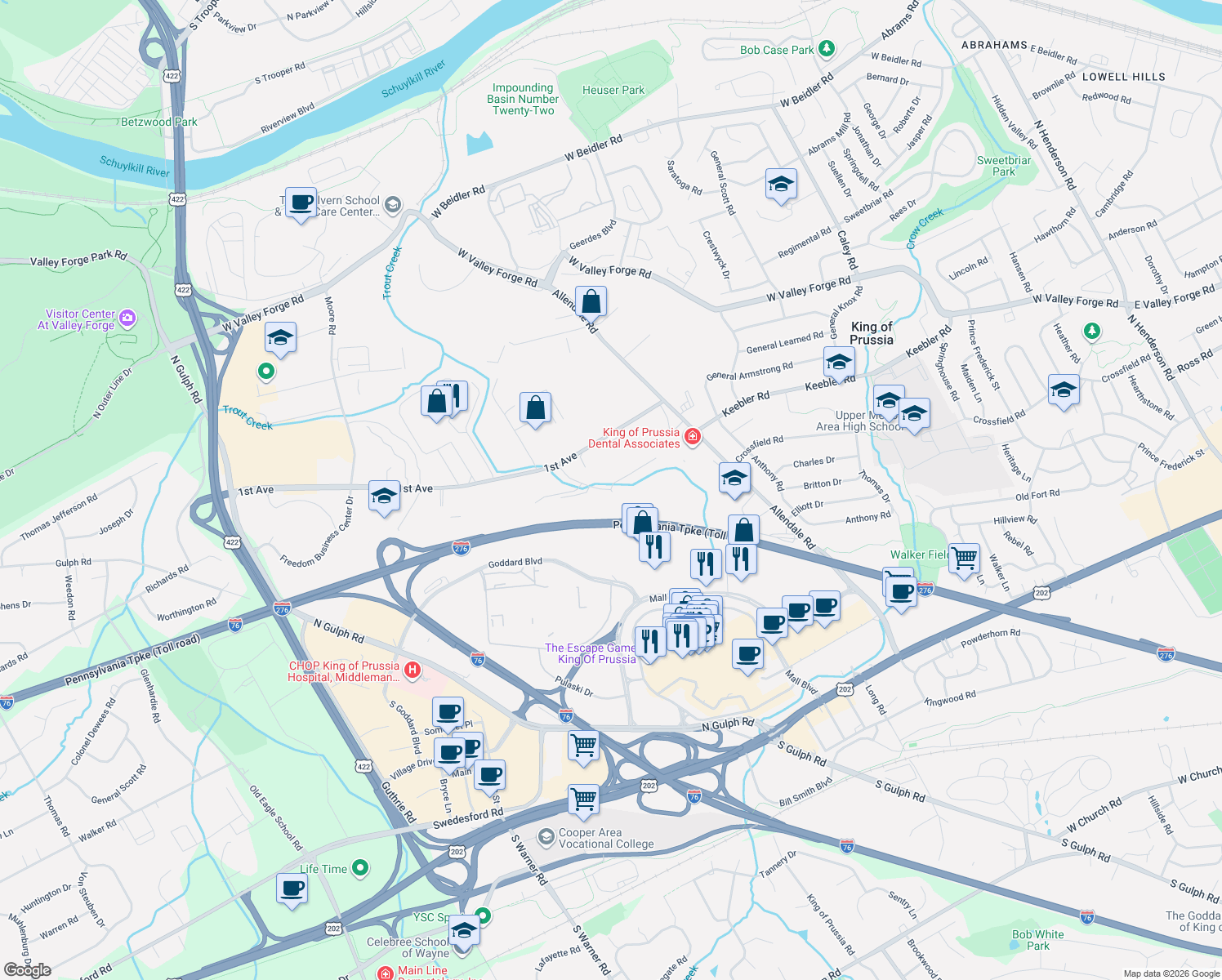 map of restaurants, bars, coffee shops, grocery stores, and more near 699 American Avenue in King of Prussia