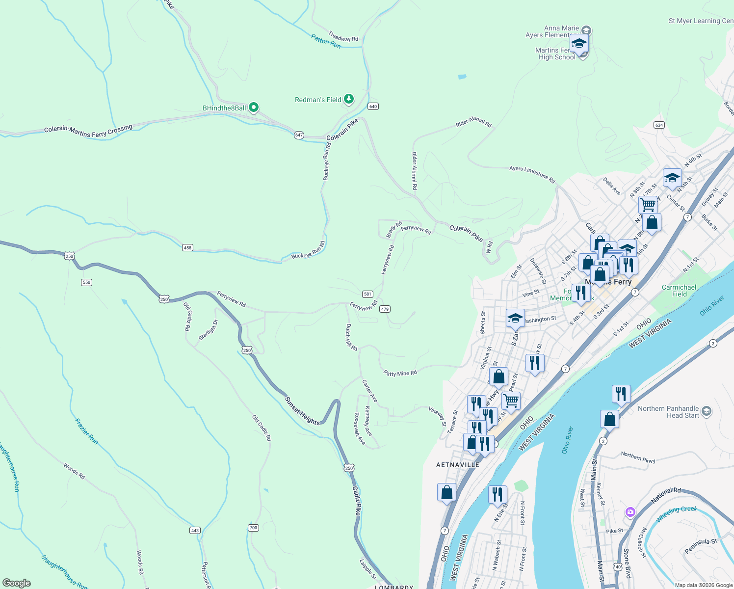 map of restaurants, bars, coffee shops, grocery stores, and more near 57384 Westlawn Avenue in Martins Ferry
