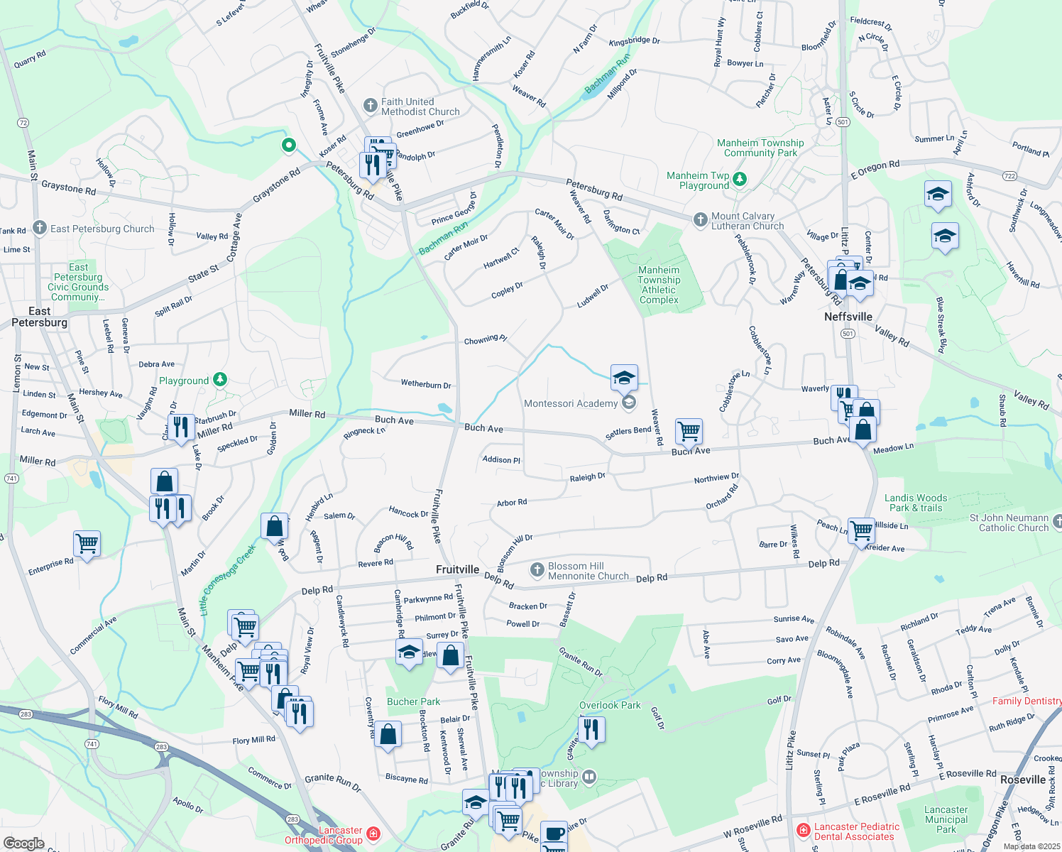map of restaurants, bars, coffee shops, grocery stores, and more near 2401 Raleigh Dr in Lancaster