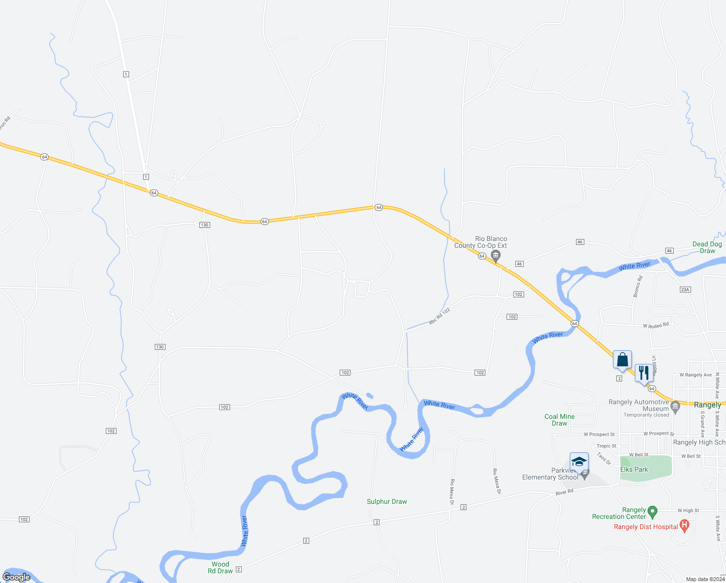 map of restaurants, bars, coffee shops, grocery stores, and more near Unnamed Road in Rangely