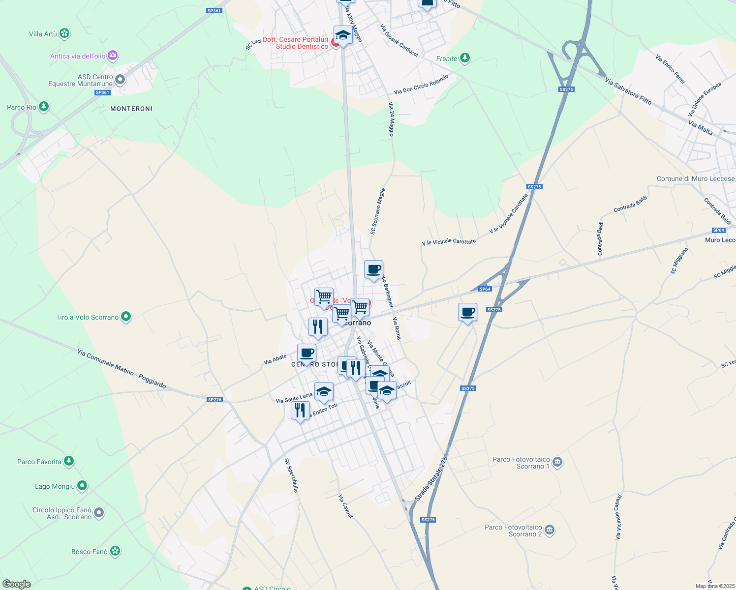 map of restaurants, bars, coffee shops, grocery stores, and more near 22 Via Tripoli in Scorrano