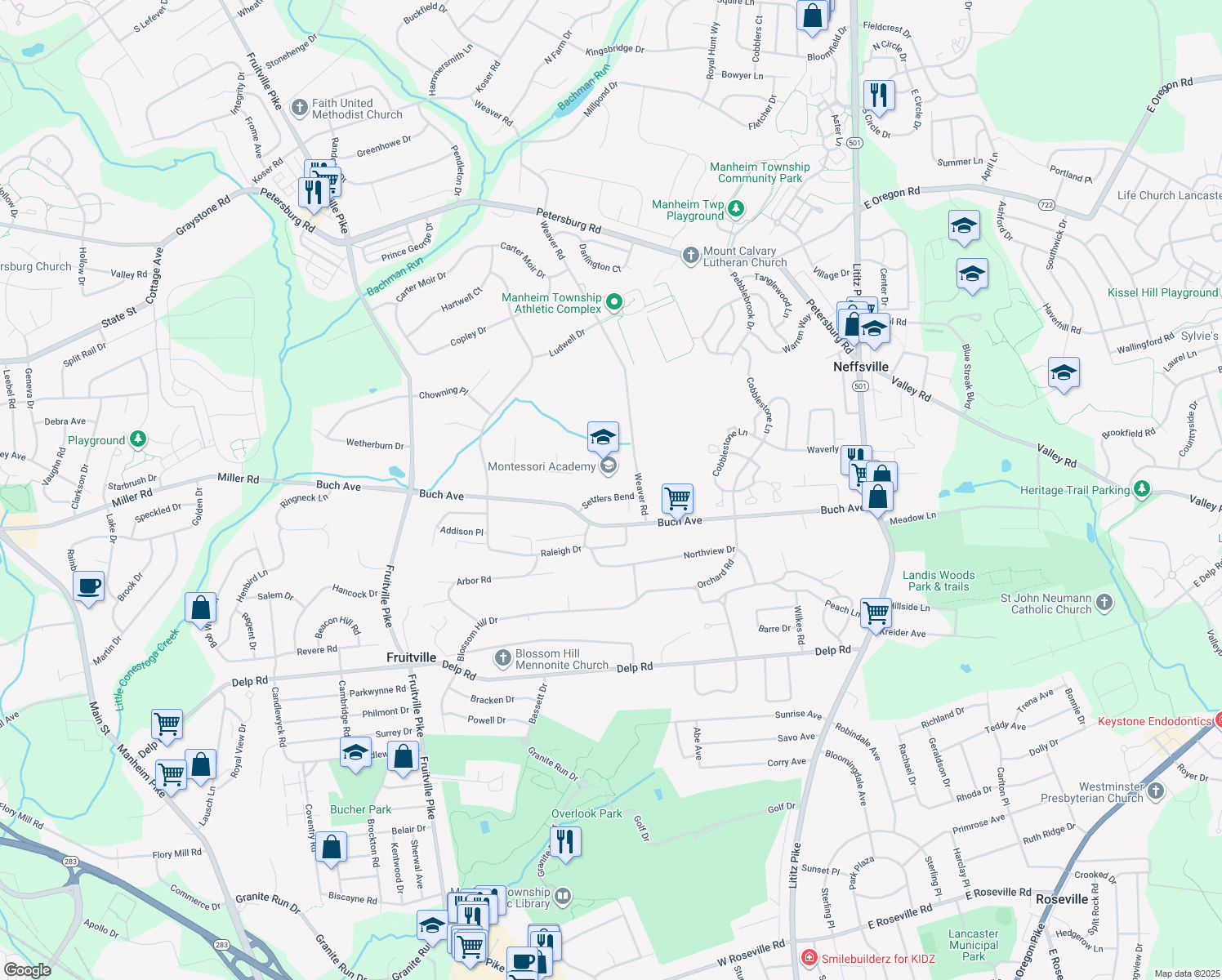 map of restaurants, bars, coffee shops, grocery stores, and more near 213 Settlers Bend in Lancaster