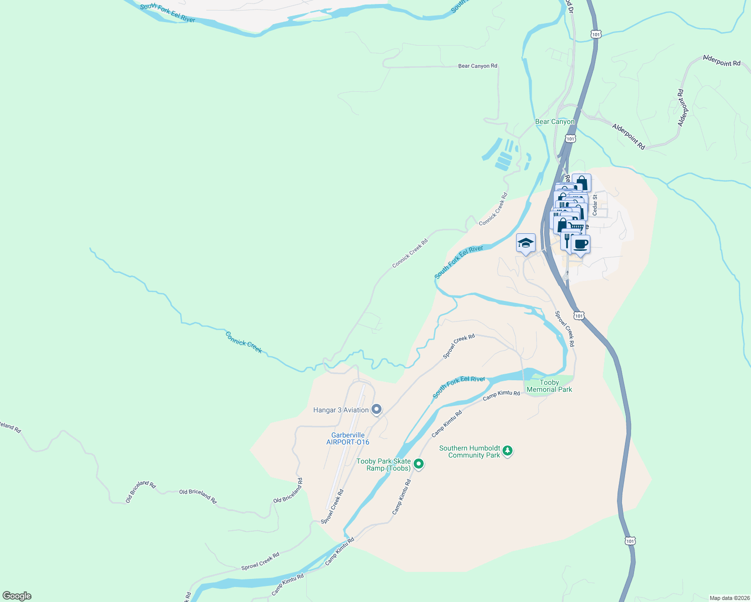 map of restaurants, bars, coffee shops, grocery stores, and more near 575 Connick Creek Road in Garberville