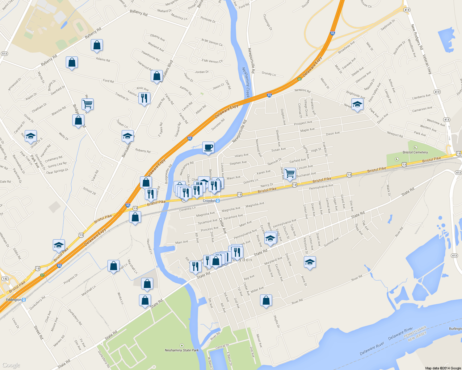 map of restaurants, bars, coffee shops, grocery stores, and more near 919 Dolores Lane in Croydon