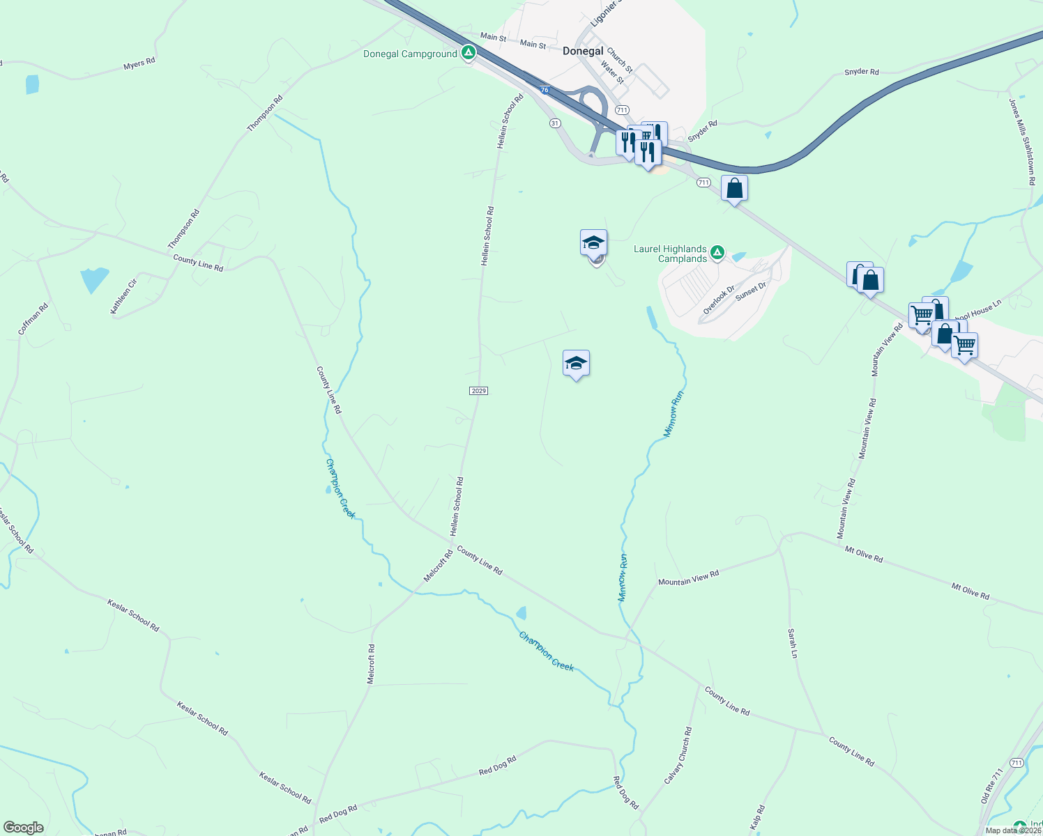map of restaurants, bars, coffee shops, grocery stores, and more near 194 Hellein School Road in Westmoreland County