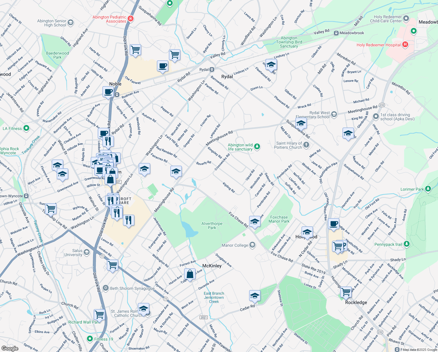 map of restaurants, bars, coffee shops, grocery stores, and more near 1083 Kipling Rd in Jenkintown
