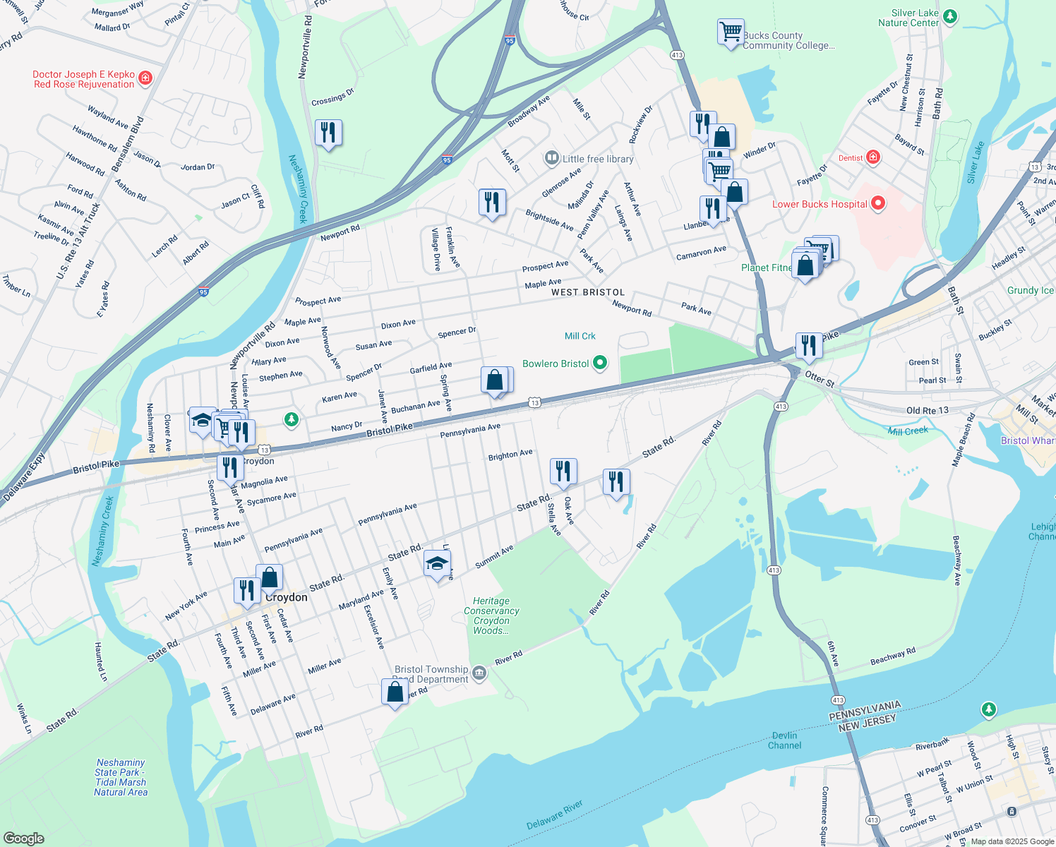 map of restaurants, bars, coffee shops, grocery stores, and more near 200 Elm Avenue in Croydon